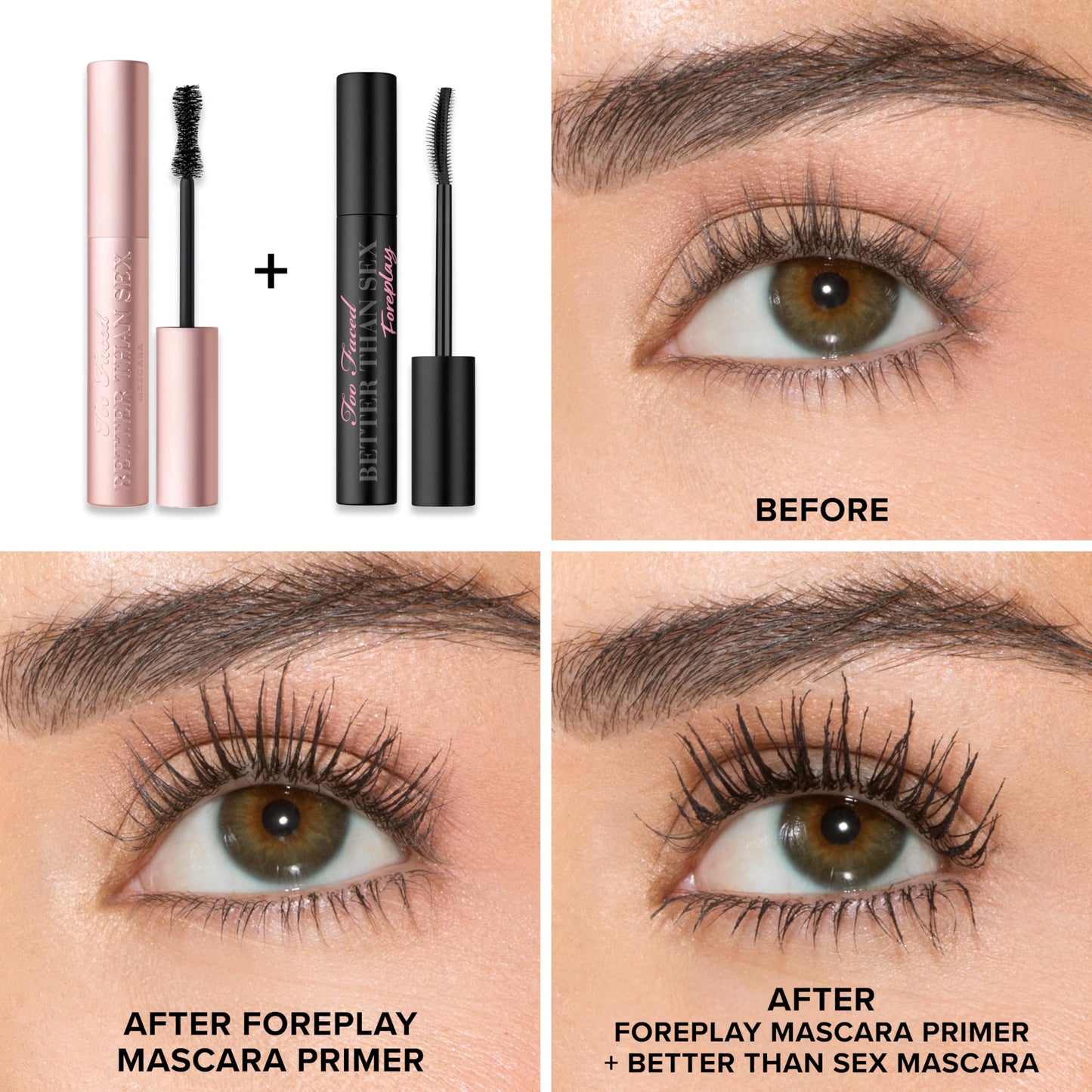 Too Faced Better Than Sex Foreplay Mascara Primer | Waterproof Eyelash Primer for Volume and Length | Nourishing Argan Oil + Grape Seed Oil Formula, Black, 0.27 Fl Oz