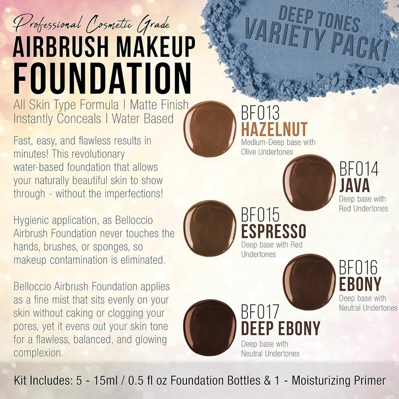 Belloccio Airbrush Makeup Foundation Set - Dark Color Shades for Flawless Skin | 1/2 oz Bottles