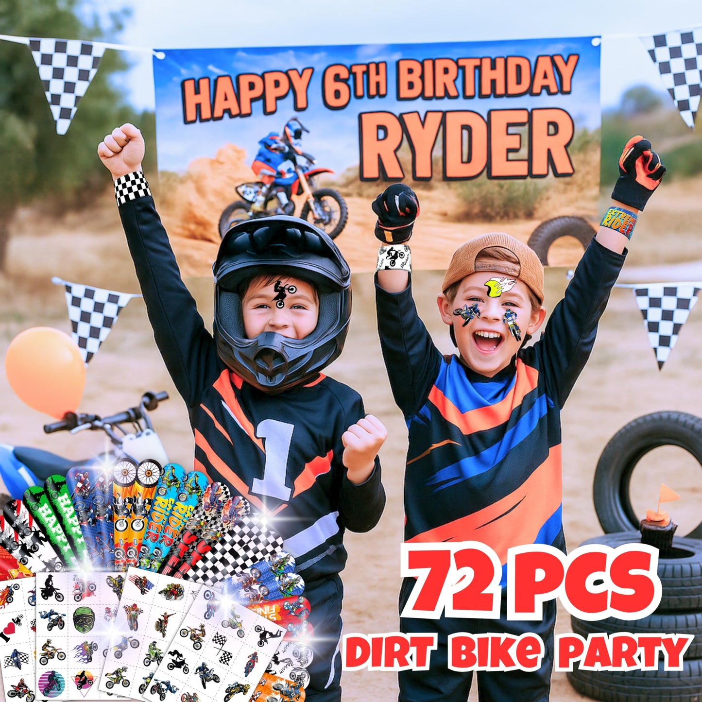 72 PCS Dirt Bike Party Favors - 48 Temporary Pre-Cut Tattoos & 24 Slap Bracelets - Fun Party Favors for Boys & Girls, Birthday Goodie Bag Fillers, Baby Shower Gifts, Classroom Rewards