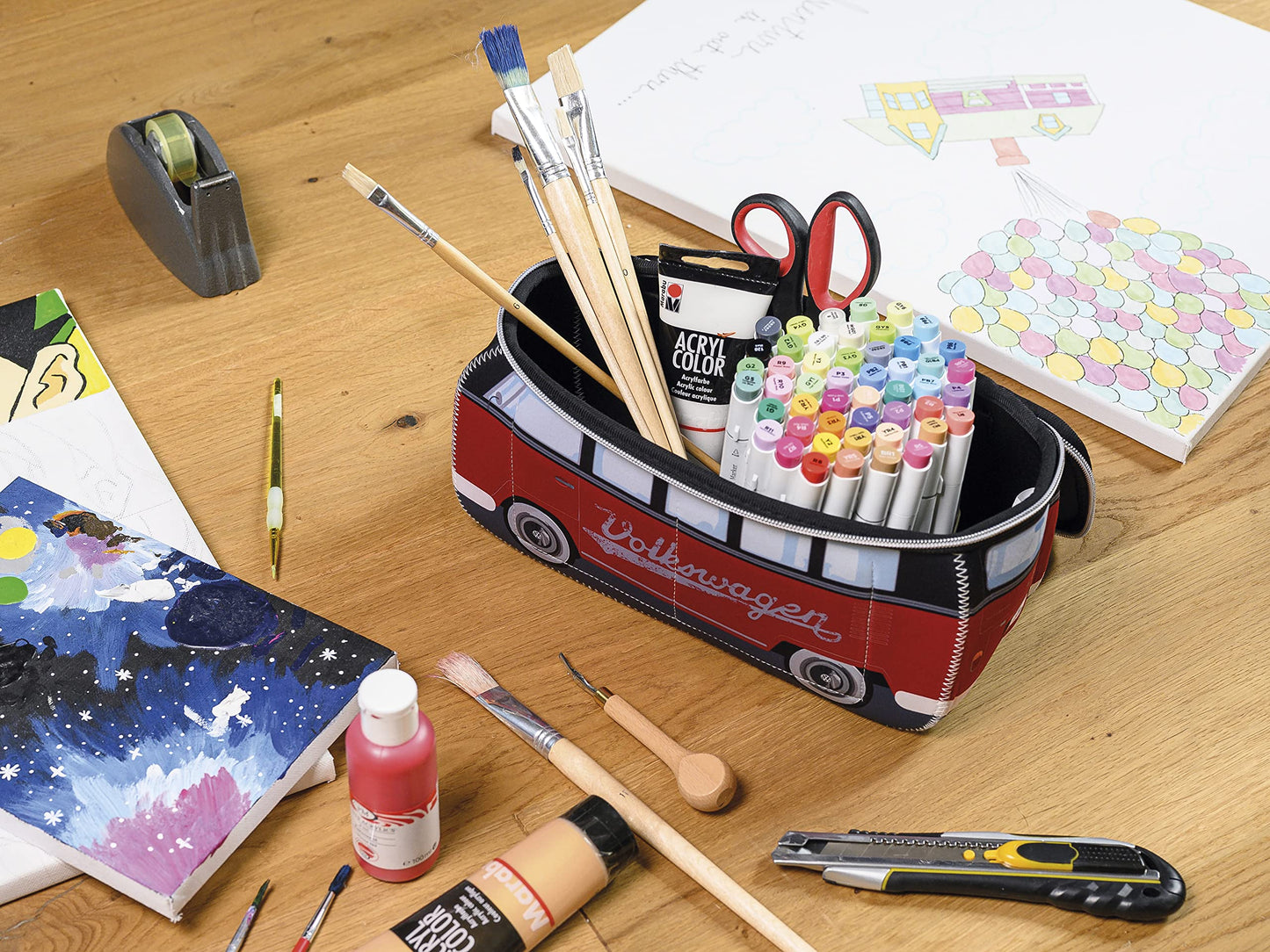 BRISA VW Collection - Volkswagen Neoprene Universal Makeup Cosmetics Toiletry Travel Pharmacy Bag in T1 Bus Design (Red/Black) (Small (9.1 x 4.3 x 3.1 inches))