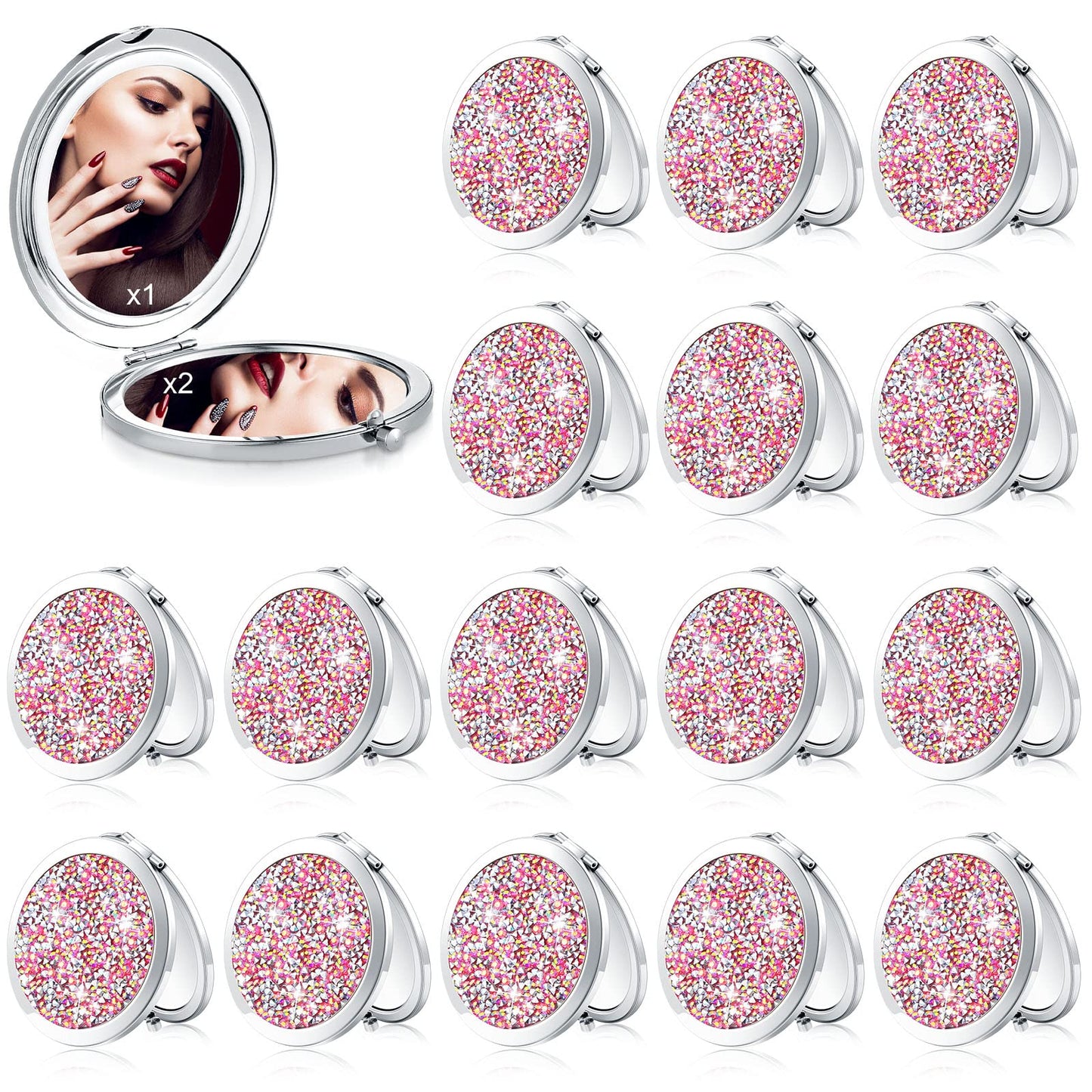 Maitys 16 Pcs Compact Mirror Bulk for Purses Small Cosmetic Folding 2.75 Inch Round Diamond Bling 1X/ 2X Magnifying Pocket Makeup Mirror for Women Wedding Gift, Pink Silver