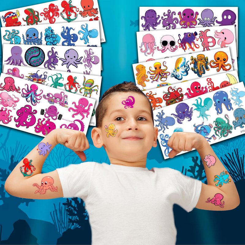 100 PCS Octopus Themed Birthday Party Favors Decorations Supplies Decor Octopus Ocean Under the Sea Animals Temporary Tattoos Stickers for Girls Boys Baby Shower Gifts Student School Prizes Rewards