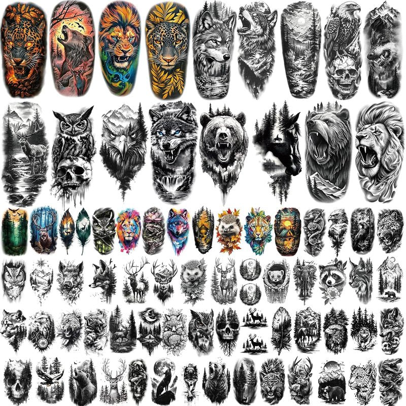 Temporary Tattoos for Adults & Kids - Realistic Animal Designs | 77 Sheets, Long-Lasting for Halloween & Parties