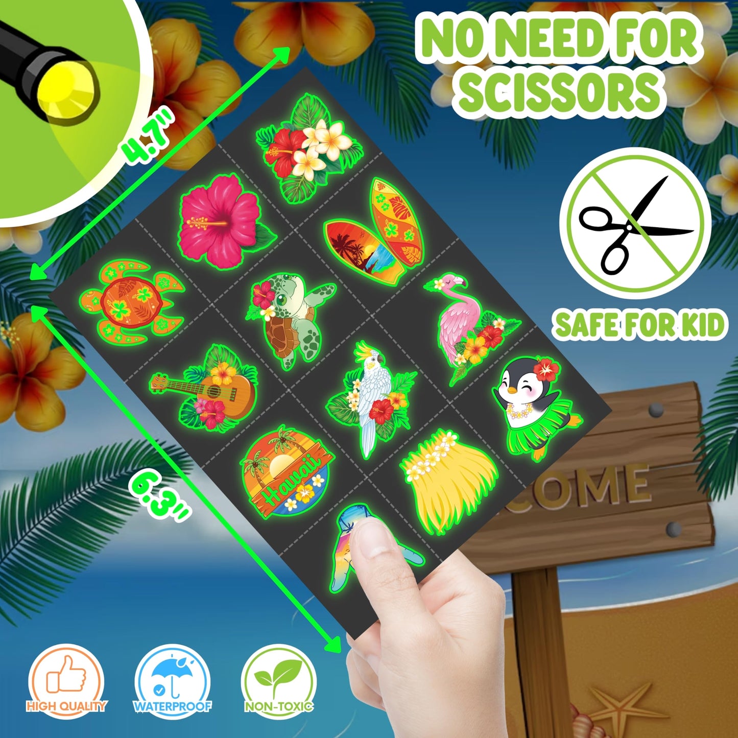 72 PCS Glow In The Dark Hawaiian Party Favors – 48 PCS Luminous Tattoos & 24 PCS LED Finger Lights Combo – Birthday Goodie Bag Fillers, Party Supplies, Gifts Light Up Toys for Boys and Girls