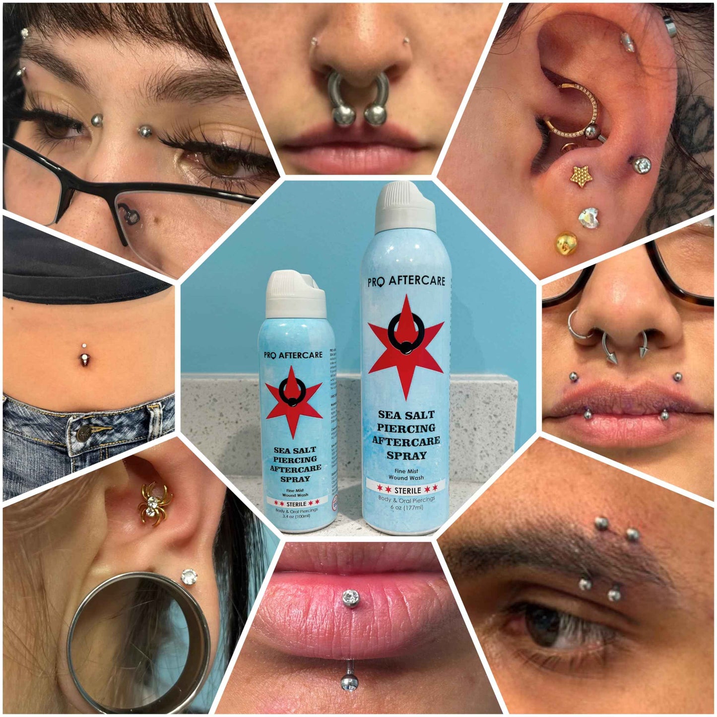 Pro Aftercare Spray Sterilizing Saline Spray for Piercings Piercing Cleaner Spray for Ears, Nose - Saline Solution for Piercings, Piercing Bumps, Keloid Bumps & Wounds 6oz Family size.