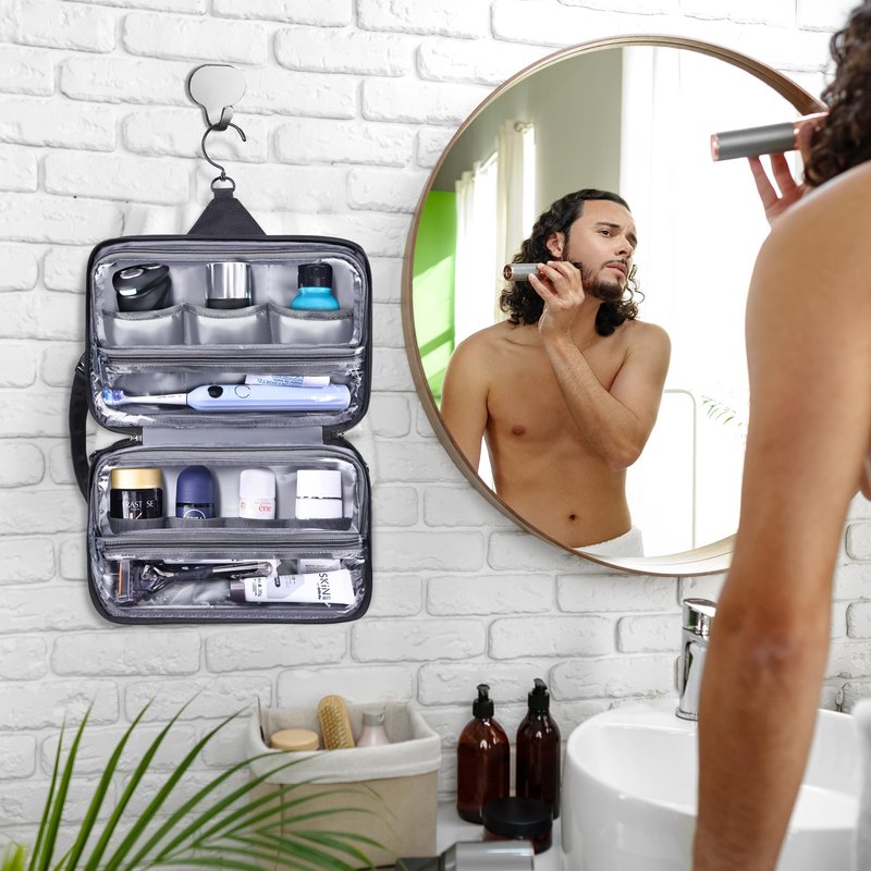HILOMON Toiletry Bag for Men, YKK Zippers Hanging Bathroom Shower Hygiene Bag with Metal XXL Swivel Hook, Big Comparment, Waterproof for Travel Accessories
