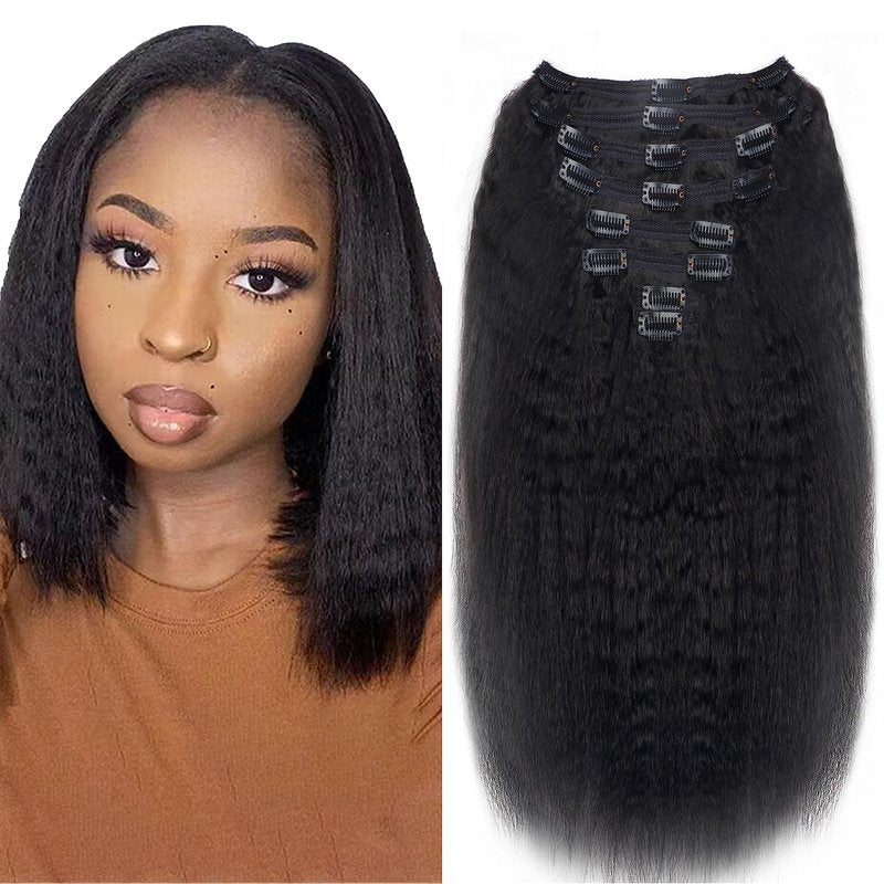 Kinky Straight Clip in Hair Extensions Real Human Hair Clip ins Natural Black Double Weft Clip ins for Women 12 Inch 120g 8pcs Kinky Straight Clip on Extensions Human Hair #1B Natural Color