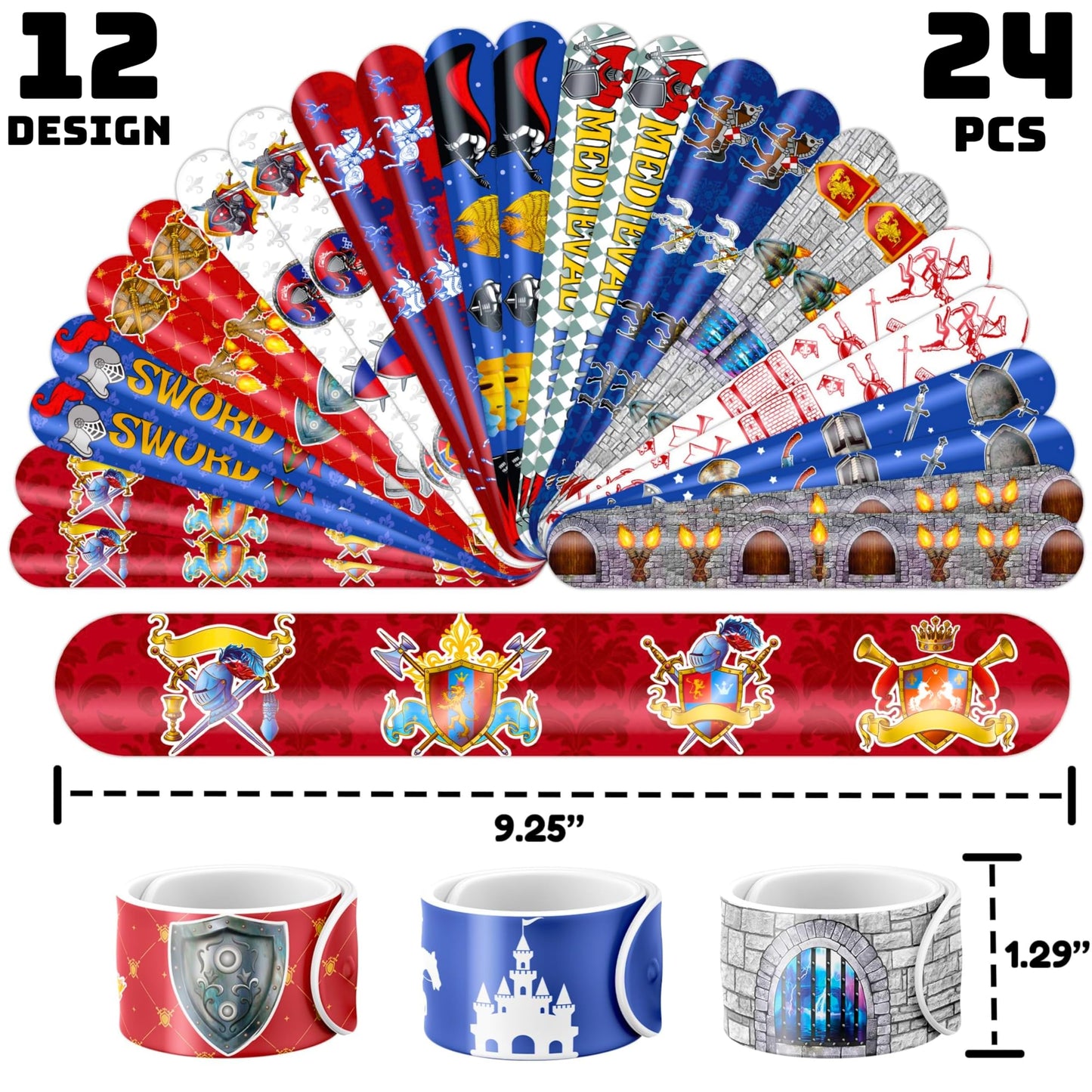 72PCS Medieval Knight Party Set - 48PCS Temporary Tattoos & 24PCS Slap Bracelets - Fun Castle-Themed Birthday Supplies, Baby Shower Gifts, Classroom Rewards & Party Decor for Kids