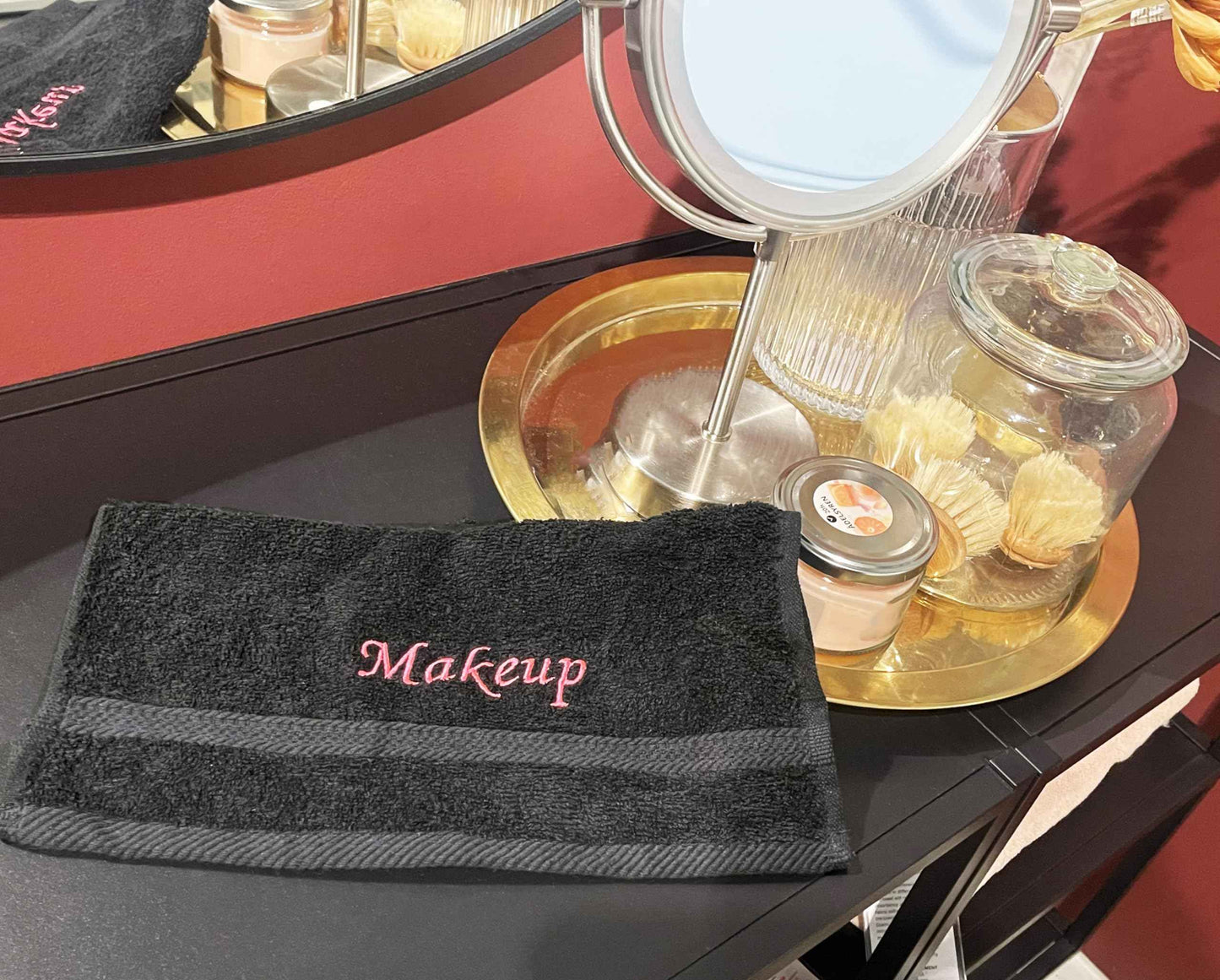 Liberty21 Makeup Embroidered Towel Set for face. 100% Soft Cotton. Facial Makeup Remover Washcloths. Reusable Face Towel Set of Four. (Black & Pink Embroidery)