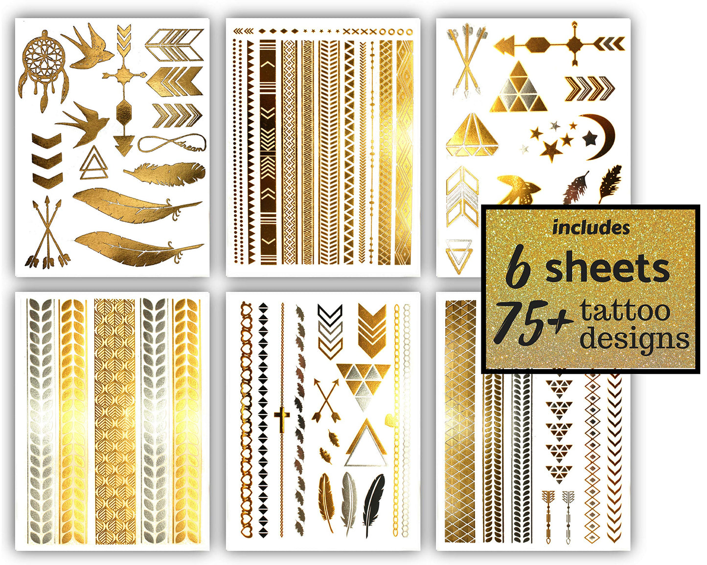 Terra Tattoos Gold Metallic Tattoo Flash Sheets Designs of Stars, Feathers, Moon & more! Face Tattoos for Women Waterproof Nontoxic Long Lasting 75+ Designs for Vacation, Festivals Parties - Gold