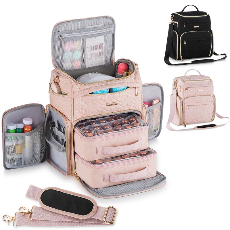 BEGULF Multi-Pockets Nail Polish Organizer Case with UV Light Storage, Nail Organizers and Storage for Nail Tech with Protective Side Pocket, Gel nail bag organizer Hold 48 Bottle (Pink)