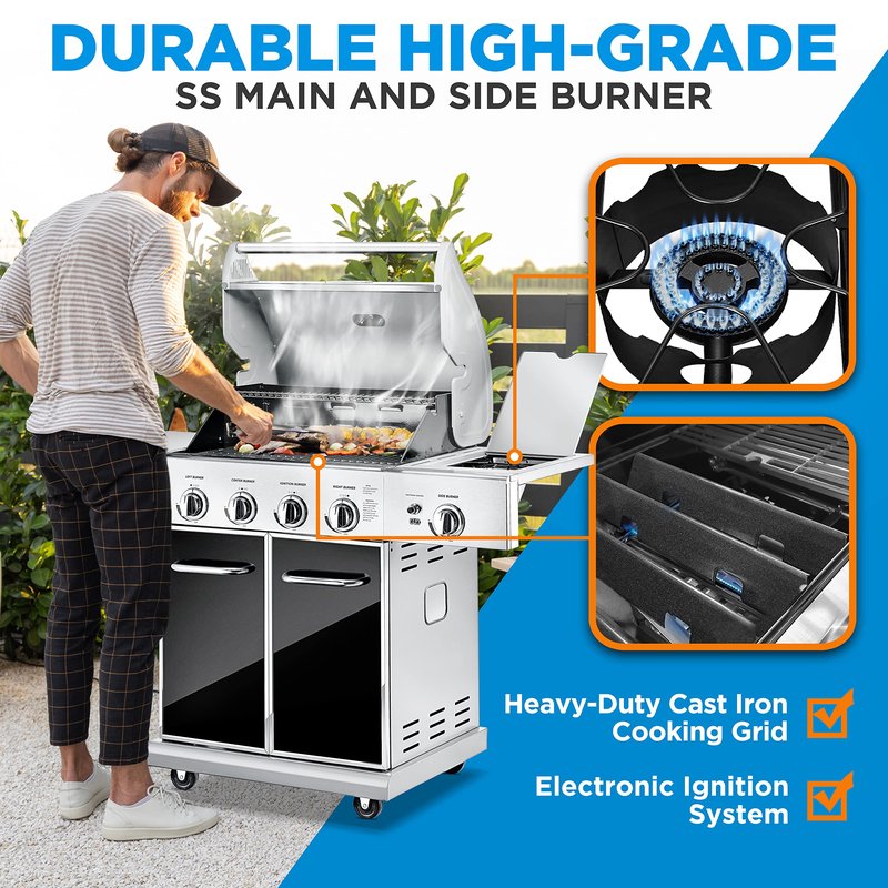 NutriChef 52,000 BTU 5-Burner Stainless Steel Propane Gas Grill with Portable Design, Electronic Ignition, Built-in Thermometer and Heavy-Duty Construction