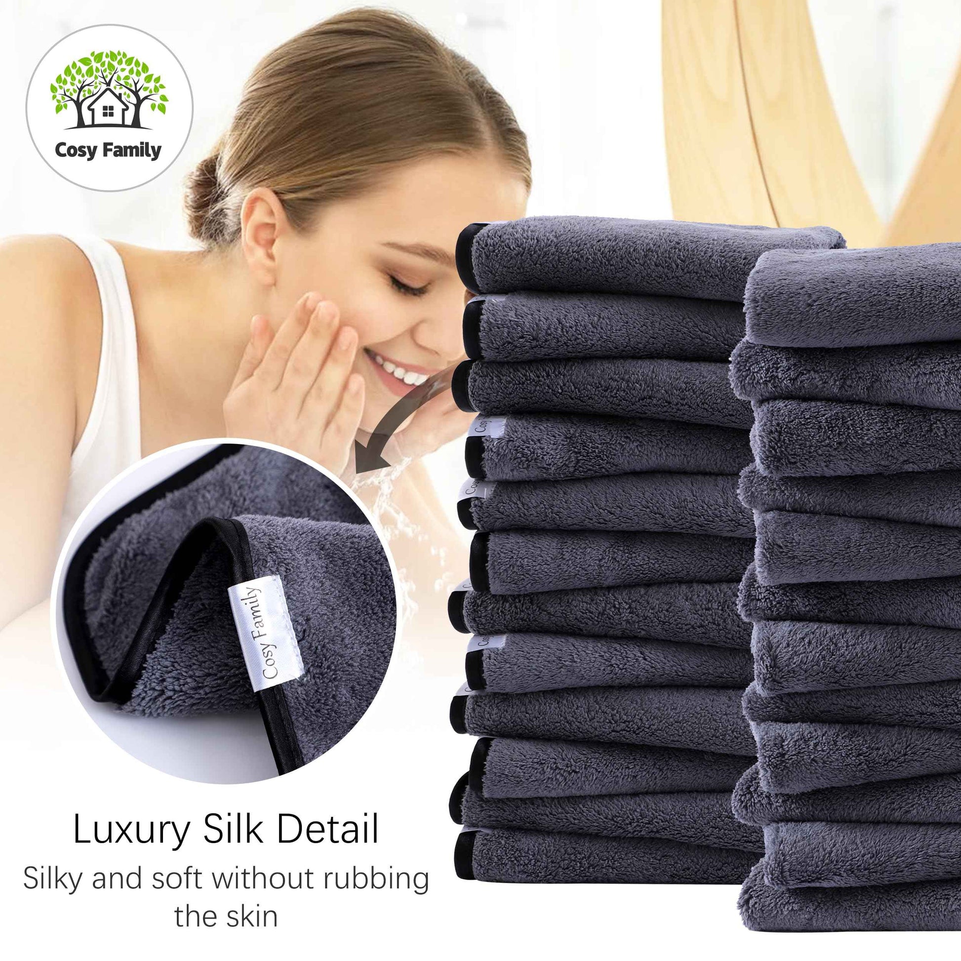 Cosy Family 24 Pack Soft Washcloths Set - 12 x 12 inches, Quick Drying - Highly Absorbent Coral Velvet Fingertip Towel Bathroom Wash Clothes for Bath, Spa, Facial, Kitchen - Dark Grey