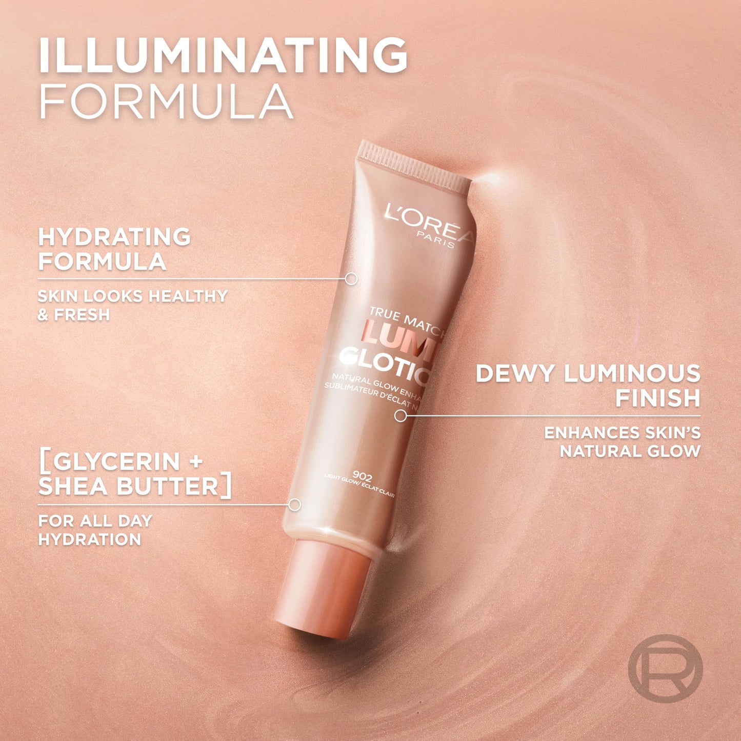 L'Oreal Paris Makeup True Match Lumi Glotion, Natural Glow Enhancer, Illuminator Highlighter, Bronzing Drops For a Sun-Kissed Glow For Face and Body, 902 Light, 1.35 fl oz
