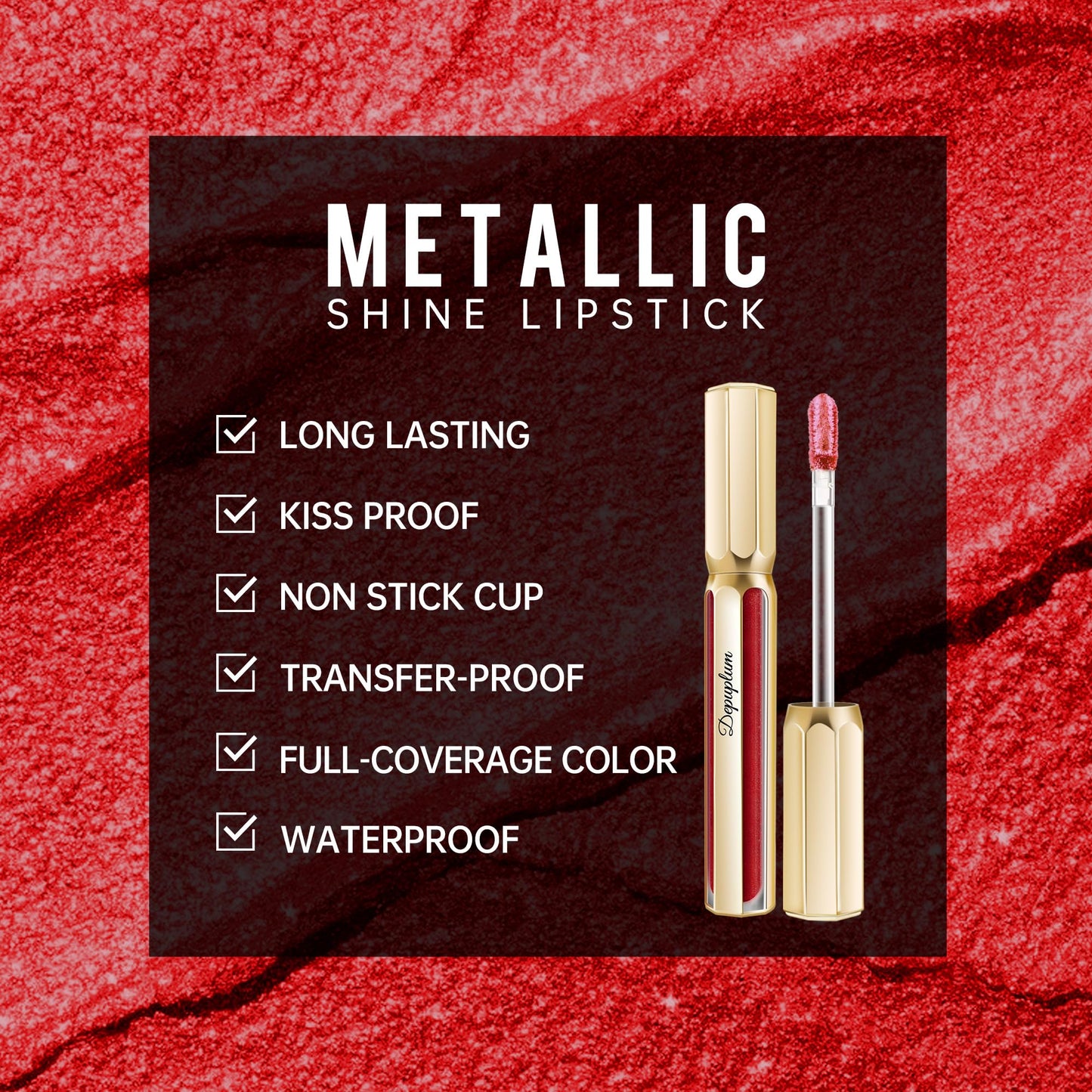 Depuplum Dark Red Lipsticks for Women Metallic Lipstick Long Lasting Shimmer Lip Gloss Metal Shine Glitter Waterproof Lipsticks Full Coverage Lip Color for Mother's Day,DP104 Impassion