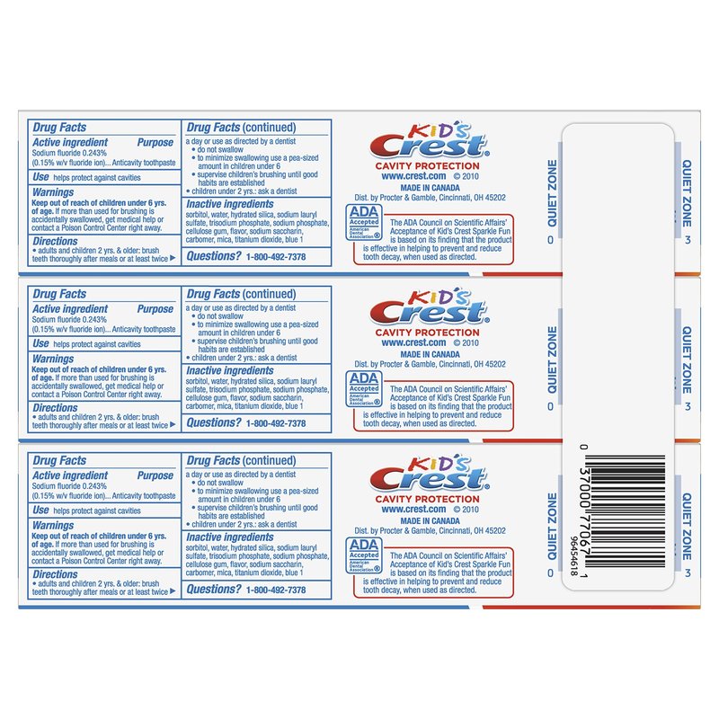 Crest Kid's Cavity Protection Toothpaste, Crest Kids Toothpaste, For Children And Toddlers 2+, Sparkle Fun, 4.6 Oz (Pack of 3), Toothpaste For Kids, Packaging may vary