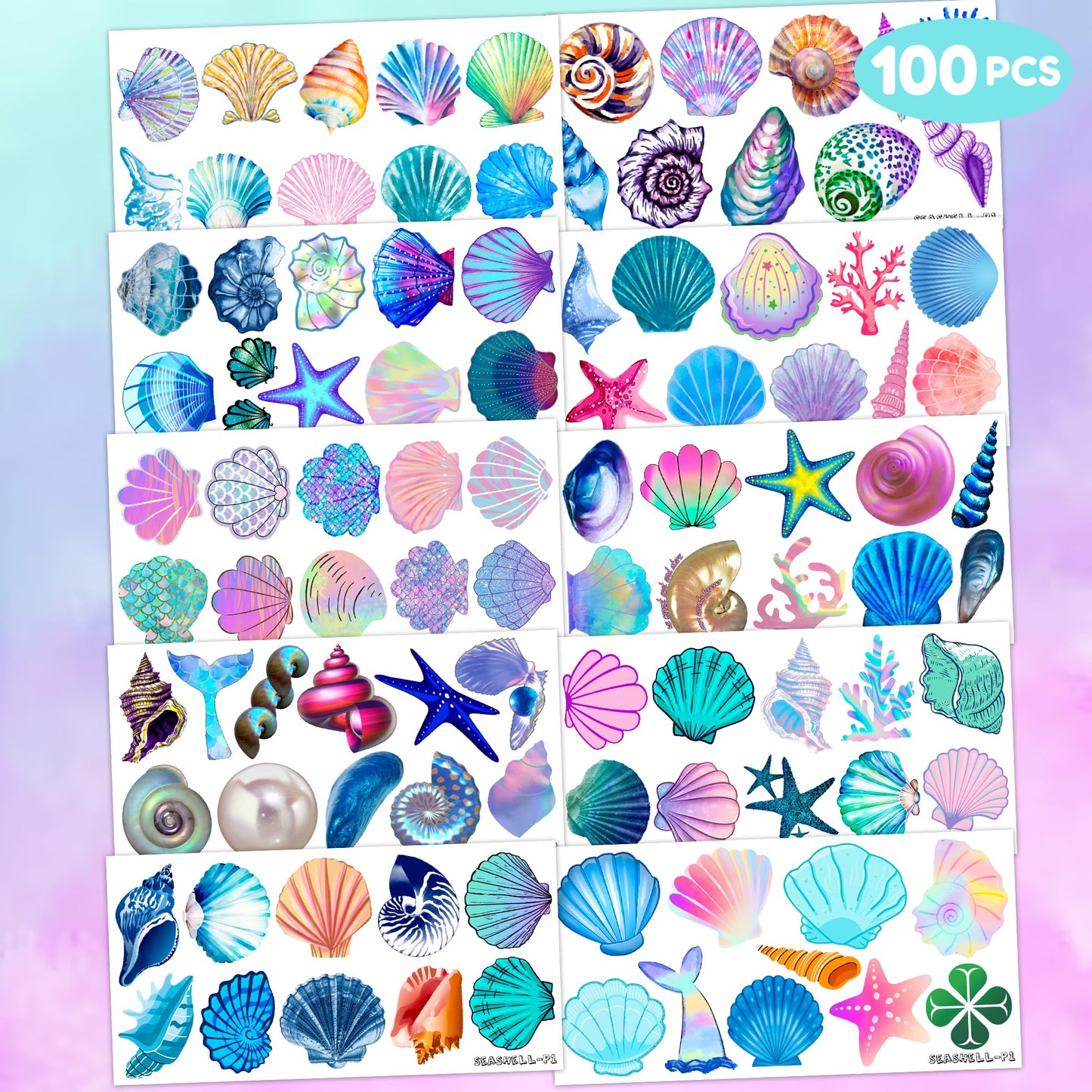 100 PCS Sea Shell Mermaid Birthday Party Decorations Favors Supplies Beach Ocean Seashells Decor Temporary Tattoos Stickers for Girls Boys Cute Gifts School Prizes Rewards
