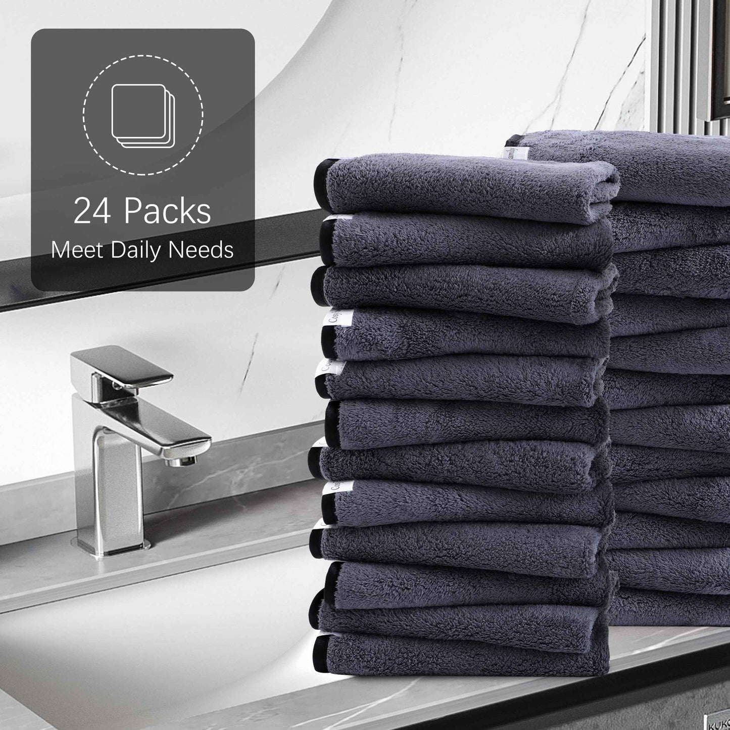 Cosy Family 24 Pack Soft Washcloths Set - 12 x 12 inches, Quick Drying - Highly Absorbent Coral Velvet Fingertip Towel Bathroom Wash Clothes for Bath, Spa, Facial, Kitchen - Dark Grey