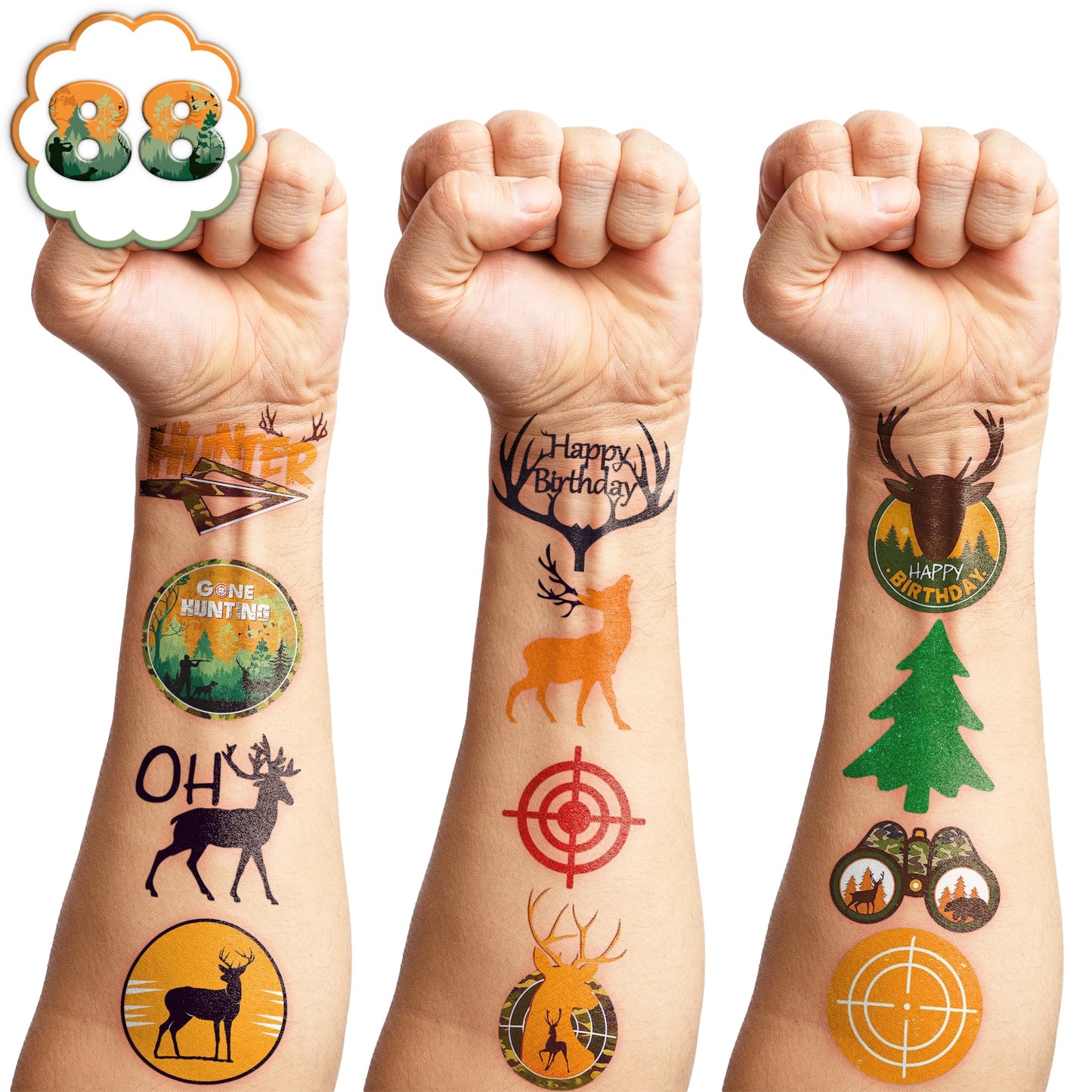 88 PCS Hunting Temporary Tattoos for Kids - Hunting Oh Deer Camo Party
