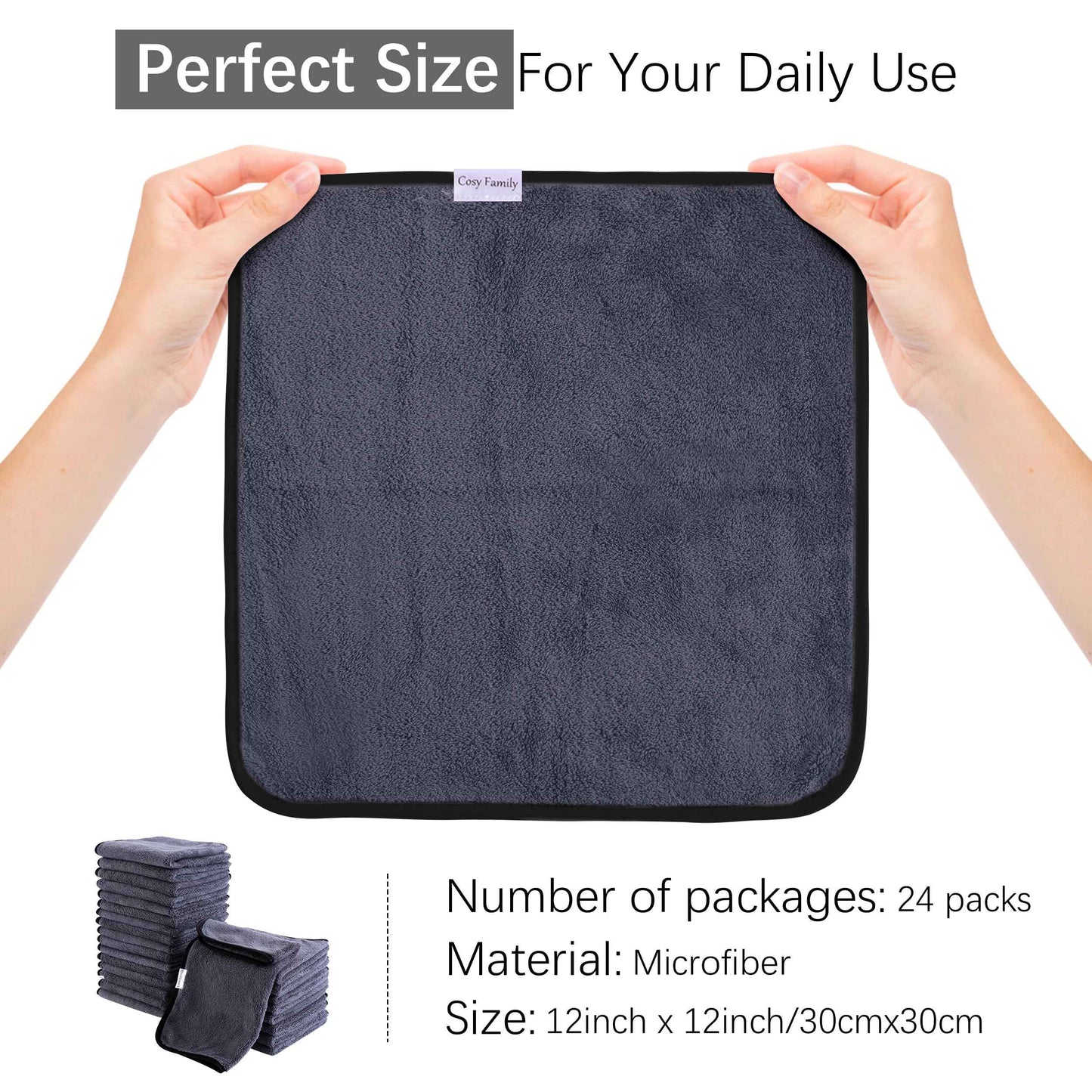 Cosy Family 24 Pack Soft Washcloths Set - 12 x 12 inches, Quick Drying - Highly Absorbent Coral Velvet Fingertip Towel Bathroom Wash Clothes for Bath, Spa, Facial, Kitchen - Dark Grey
