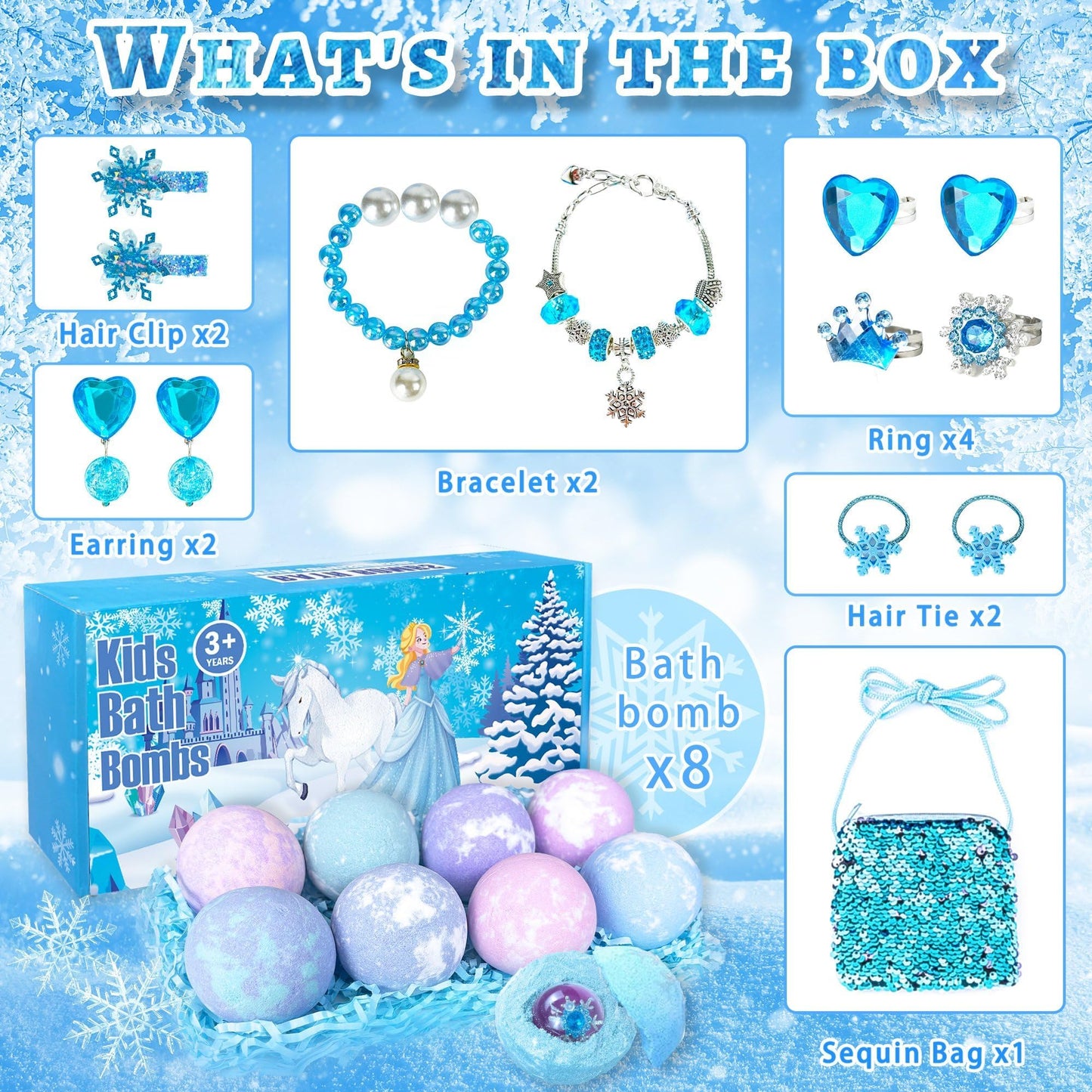 Bath Bombs for Kids with Surprise Inside, 8 Pack Bath Bombs with Frozen Toys, Princess Jewelry & Cross-Body Bag, Natural Fizzy Bubble Bath Balls with Jewelry Set, Christmas Birthday Gift for Girls