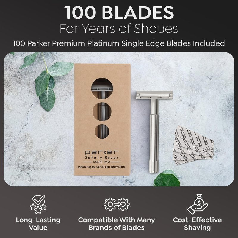 Parker Safety Razor, The SOLOEDGE – Single Edge Razor with Magnetic Head & 100 Platinum SE Blades – Precision Shaving, Reusable & Plastic-Free Razor for Men & Women