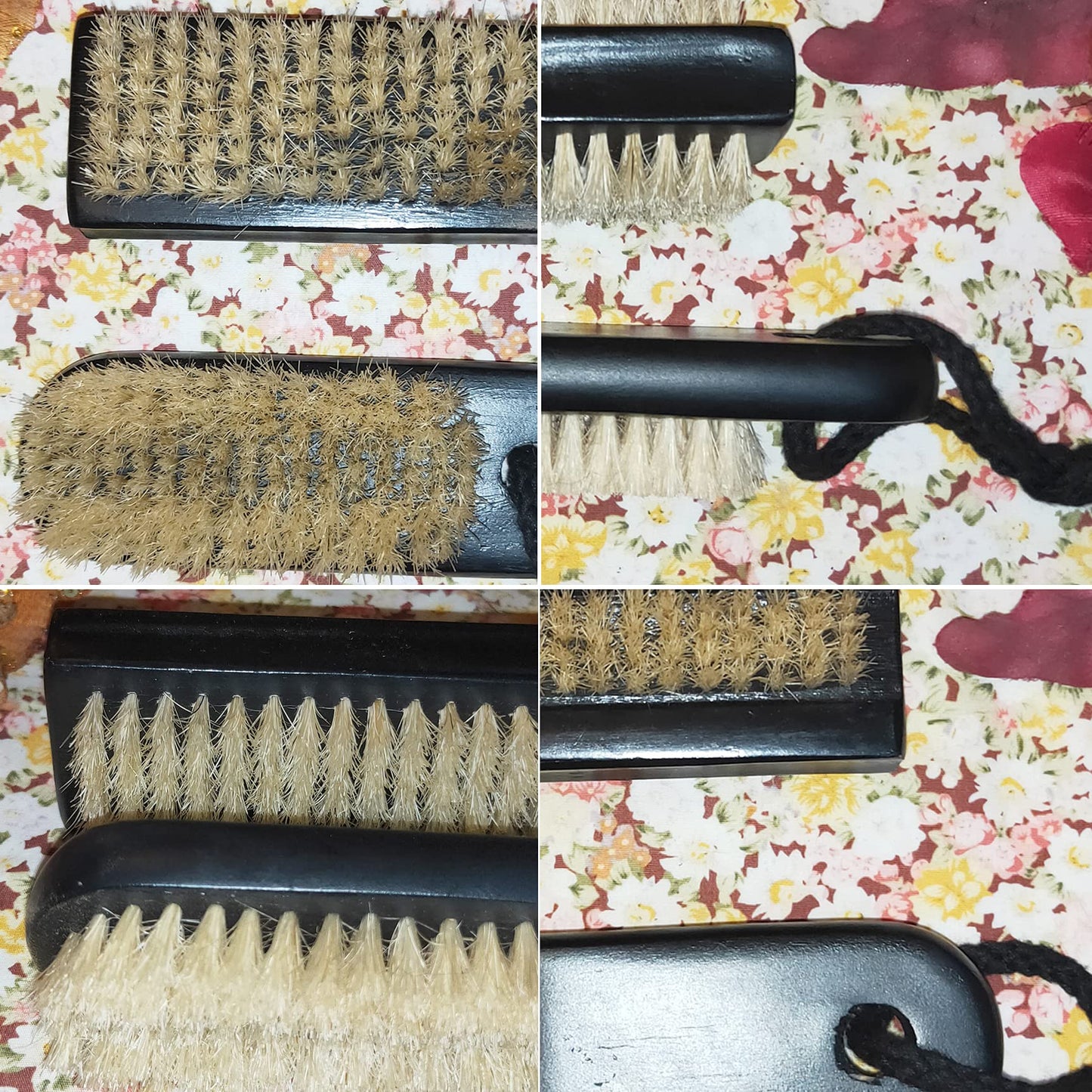 NewFerU Wooden Nail Brush Cleaner Black X 2 in Natural 100% Boar Bristle for Cleaning Hand Finger Foot Toe, Fingernail Toenail Scrub Brush for Men Women Kids Manicure Pedicure (Two sided + w Rope)