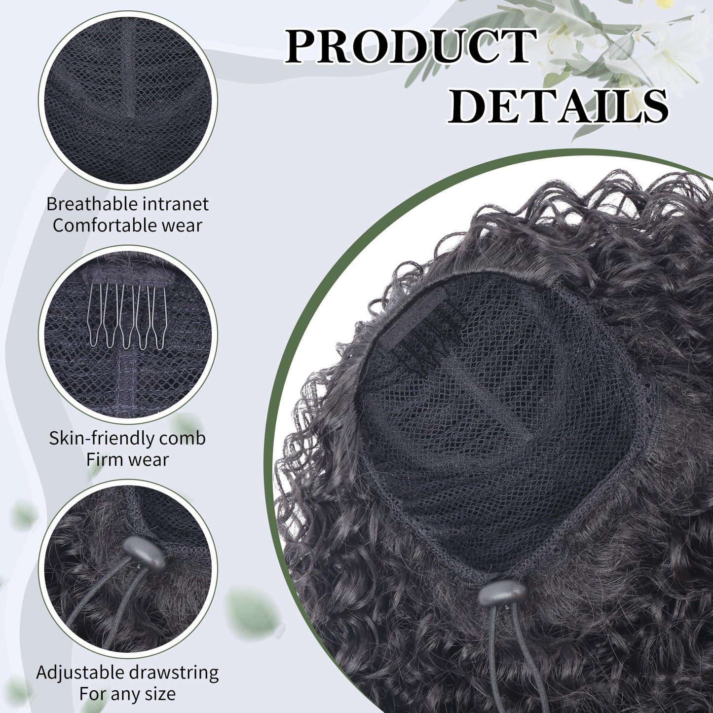 Alebery 20 Inch Drawstring Ponytail Extension for Black Women Deep Curly Ponytail Extension Synthetic Mixed with Human Hair Hairpieces Afro Kinky Curly Pony Tail for Daily Use (Black)