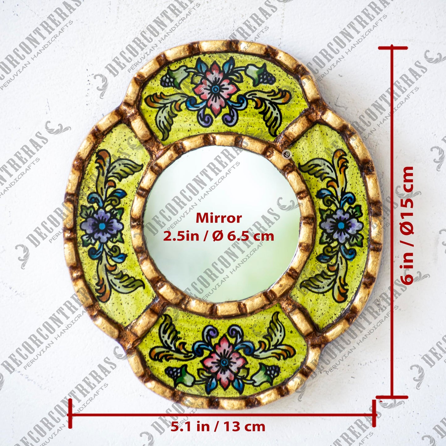 DecorContreras Small Oval Wall Mirror for Home Decor - Handmade Reverse Painted Glass Mirror with Frame Bronze Leaf from Peru