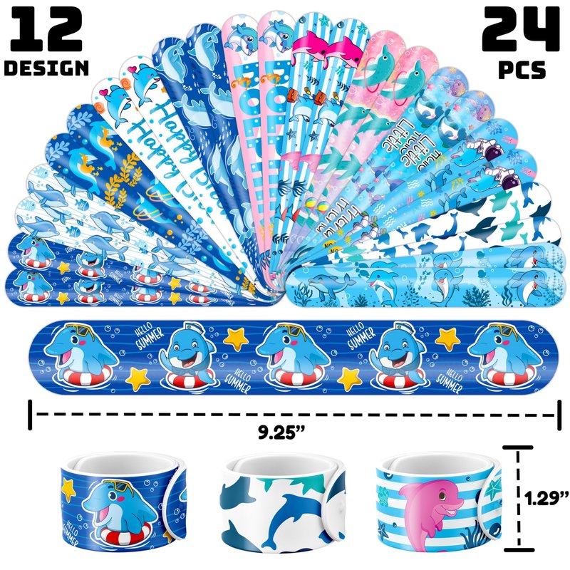 Cherisnowy 72 PCS Dolphin Party Favors - 48 Temporary Pre-Cut Tattoos & 24 Slap Bracelets - Party Favors for Boys & Girls, Birthday Goodie Bag Fillers, Baby Shower Gifts, Classroom Rewards