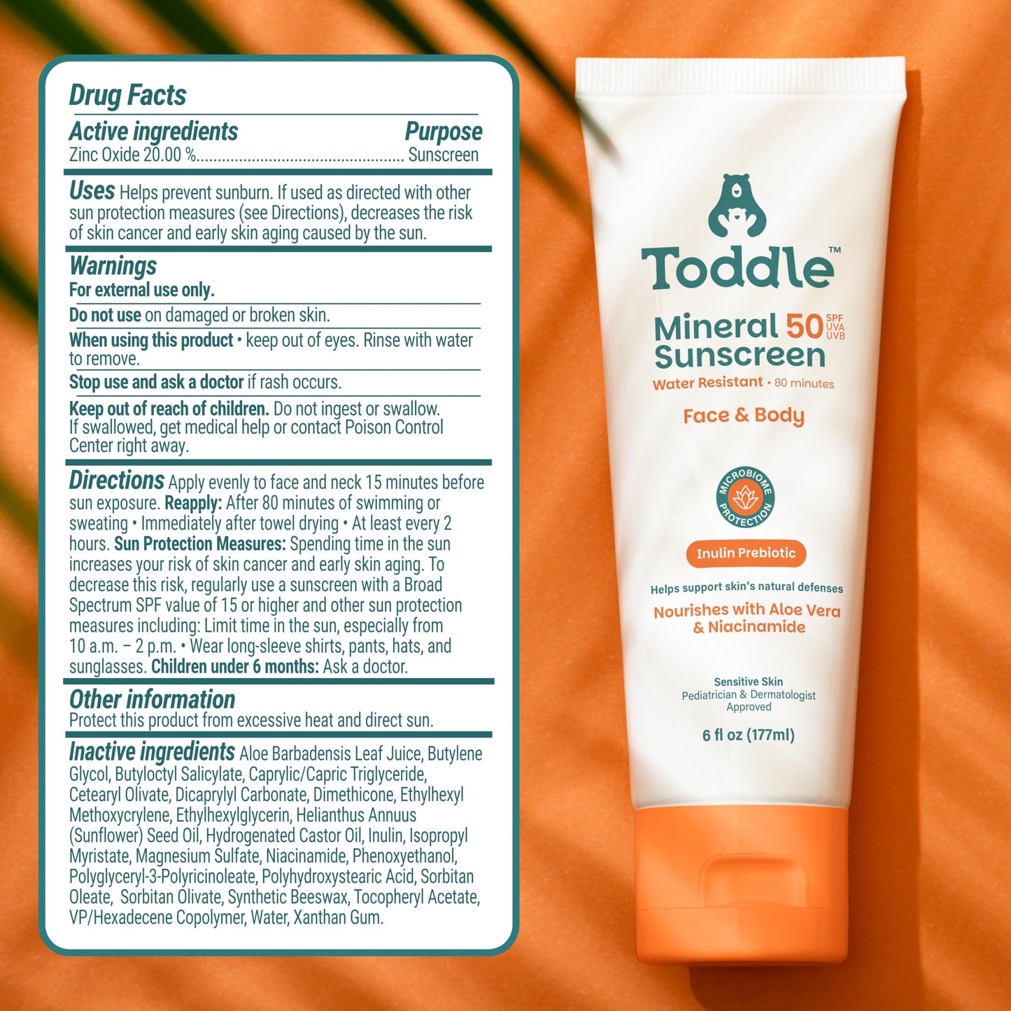 Toddle Prebiotic Mineral Sunscreen SPF 50 for Kids & Baby, Face & Body Sun Protection, Reef Safe, Non-Toxic Zinc Oxide Broad Spectrum, Water-Resistant, No White Cast, 6oz