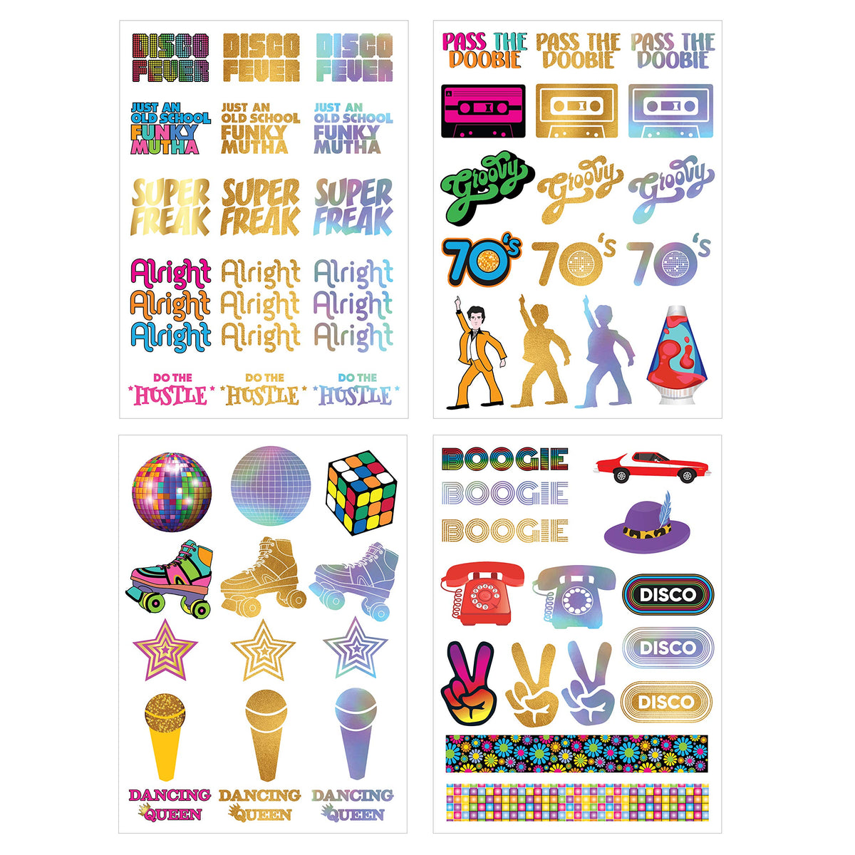 Disco Temporary Tattoo Set - 4 Sheets - 1970s Retro Disco Party Decorations, Favors and Supplies