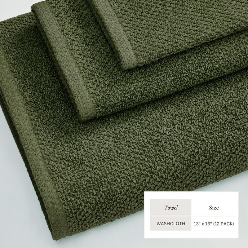 Great Bay Home 100% Cotton 12-Pack 13x13 Wash Cloth - Absorbent, Quick-Drying, Durable Face Towels for Bathroom Decor - Low-Twist, Two-Ply Fibers (Forest Green)