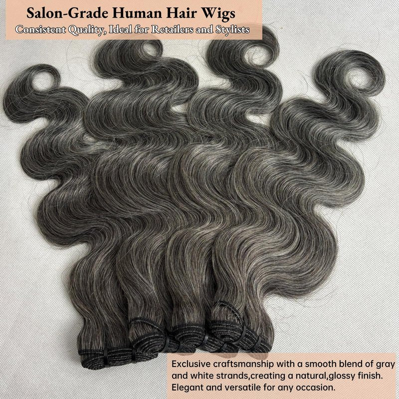 SIYUSI Salt and Pepper Body Wave Human Hair Bundles 12 Inch 1 Bundles Human Hair 100% Unprocessed 12A Brazilian Hair Weave Extensions Natural Gray-White Color