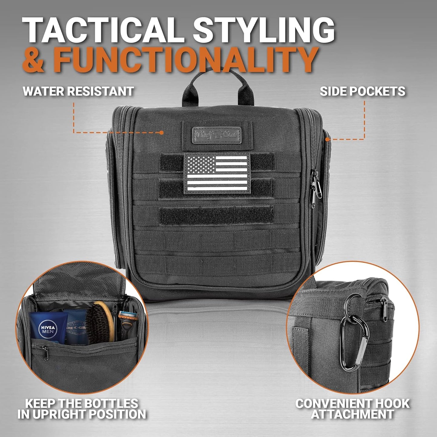 Tactical Toiletry Bag - Chef Sac Dopp Kit with 12 Compartments, MOLLE Webbing & Heavy-Duty Zippers | Travel Organizer for Men