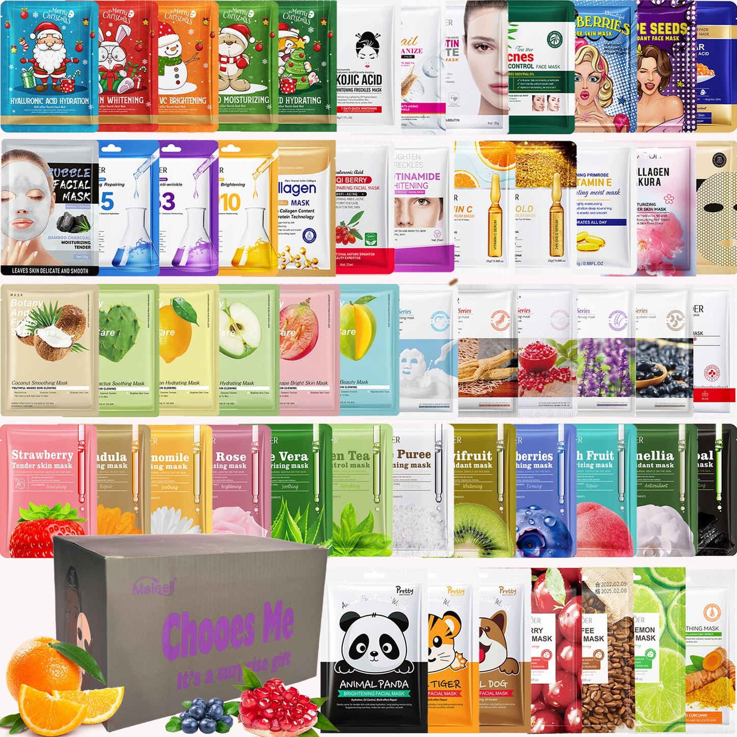Meleell 55 Pack Collagen Face Masks Skincare Bulk,Sheet Masks Variety Set with Animal, Bubble, Christmas & Fruit Facial Masks, Skincare Gift Box for Women, Teens & Spa Lovers