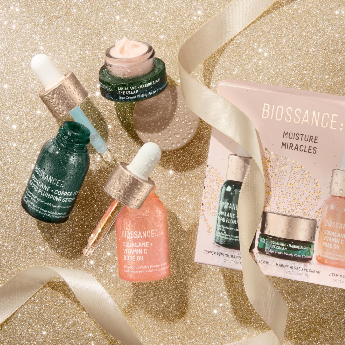 Biossance, Moisture Miracles Holiday Gift Set, Vitamin C Rose Oil, Marine Algae Eye Cream, Copper Peptide Rapid Plumping Serum, facial skincare set