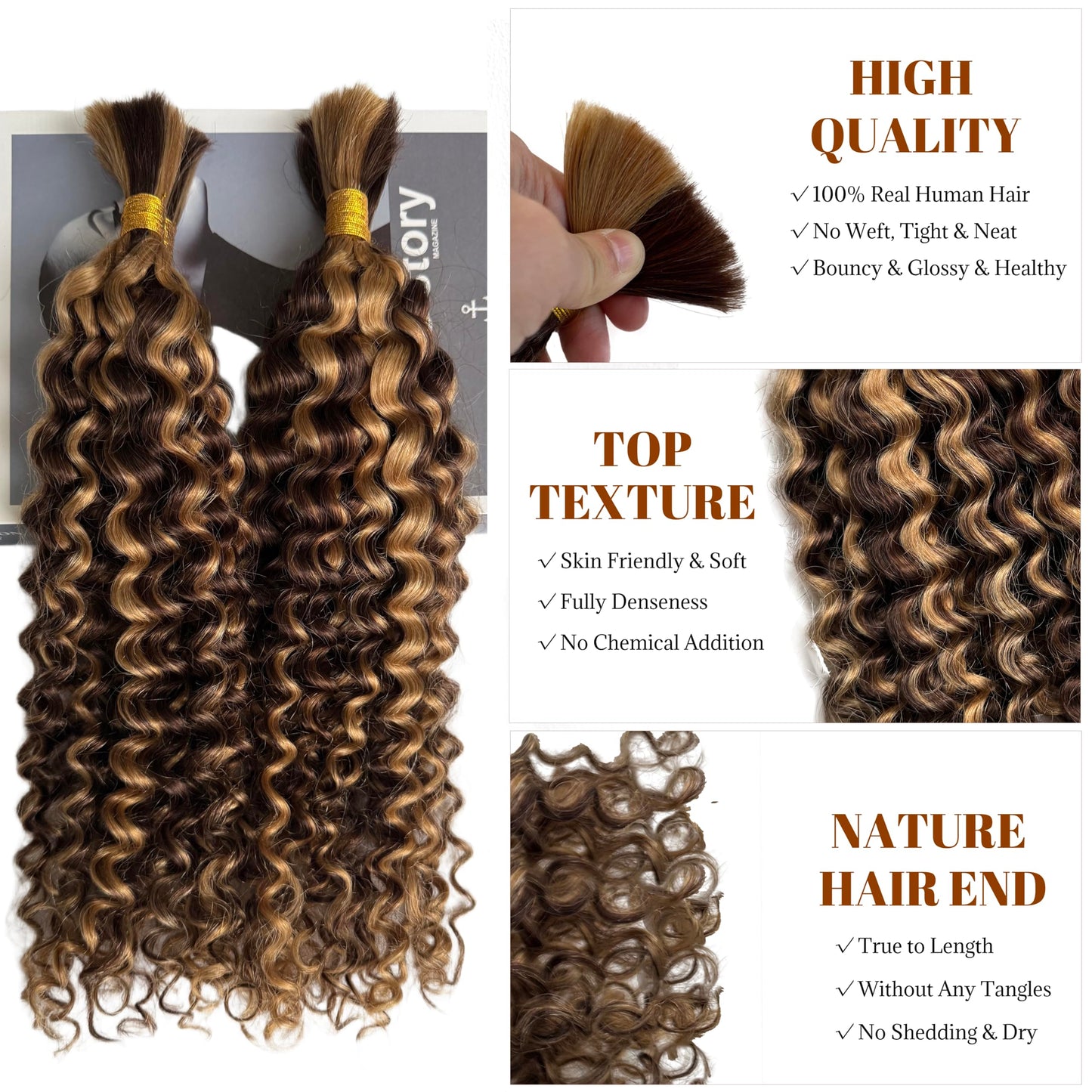4P27 Human Braiding Hair Ombre Highlight 2 Bundles 100g Bulk for Micro Braiding Wig Wet and Wavy Curly Hair Extensions for Boho Braids Knotless Honey Blonde Deep Water Wave 14 inch