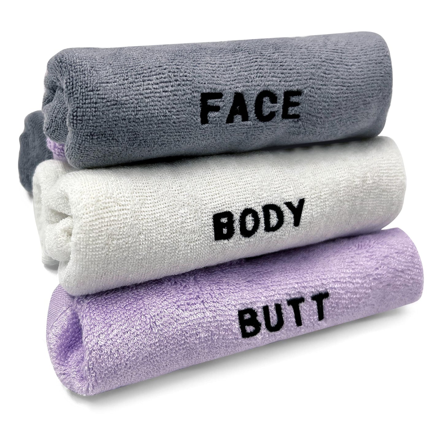 Crafty Cloth 6-Piece Washcloth Set – Face, Body, Butt Cloths | 3 Distinct Textures | Ultra-Soft, Rigid Exfoliation, and Hygiene Cloths for Sensitive Areas (Gray,White,Purple, Embroidered 6-Piece Set)