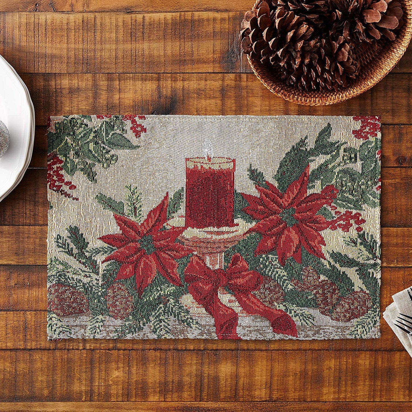 Violet Linen Decorative Christmas Poinsettias Candles Design Tapestry 13" X 19" Placemats - Set of 4