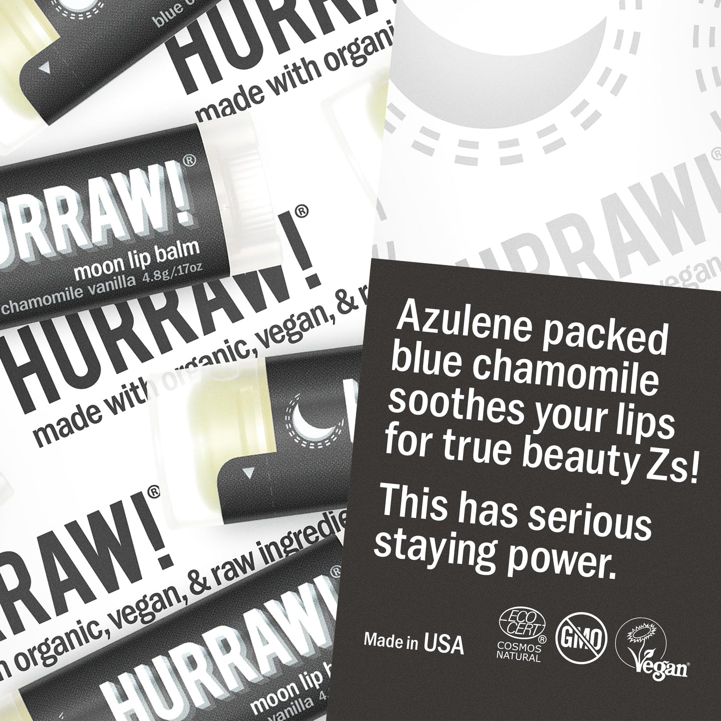 Hurraw! Moon Night Treatment (Blue Chamomile, Vanilla) Lip Balm, 5 Pack: Organic, Certified Vegan, Cruelty and Gluten Free. Non-GMO, 100% Natural Ingredients. Bee, Shea, Soy and Palm Free. Made in USA