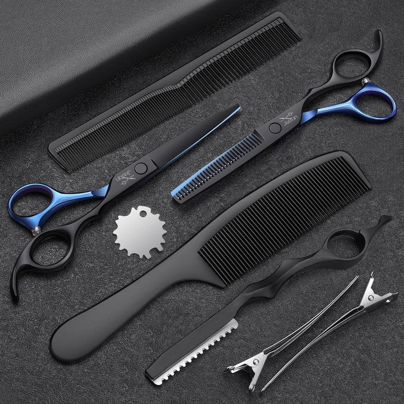 JASON Hair Cutting Scissors Kit - Professional 10 PCS Haircut Scissors Set with Thinning Texturizing Scissors, Straight Shears for Men Women Home Salon Barber 6" Black & Blue