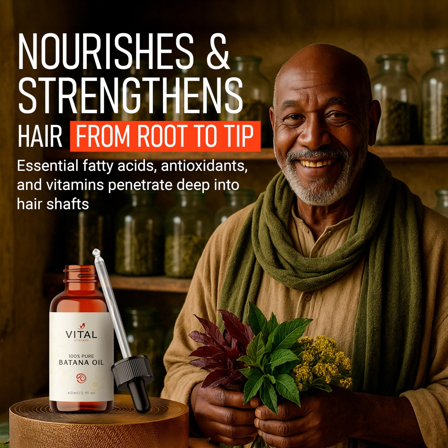 Vital Strands Batana Oil for Hair Growth – 100% Pure & Organic Botana Oil from Honduras – Strengthens, Thickens & Restores Natural Hair – Cold Pressed Raw Scalp & Hair Treatment for Men & Women – 60ml
