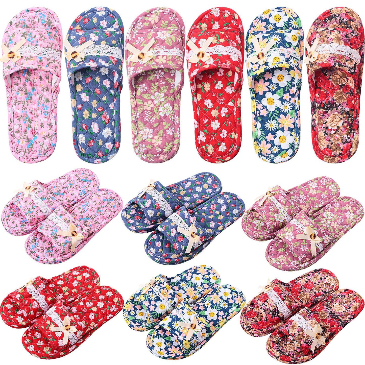 Breathffy 6 Pairs Floral Cotton House Slippers for Women, Soft Open Toe Guest Slippers Washable Foldable, Indoor Hotel Spa Travel Slipper for Women Size 35-39