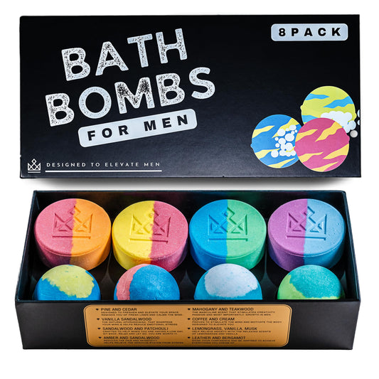 Bath Bombs for Men - Unique Sphere & Disc Shape - 8 Bath Bombs Mix of 5oz & 2.5oz - Gifts for Men - Bubble Bath Set