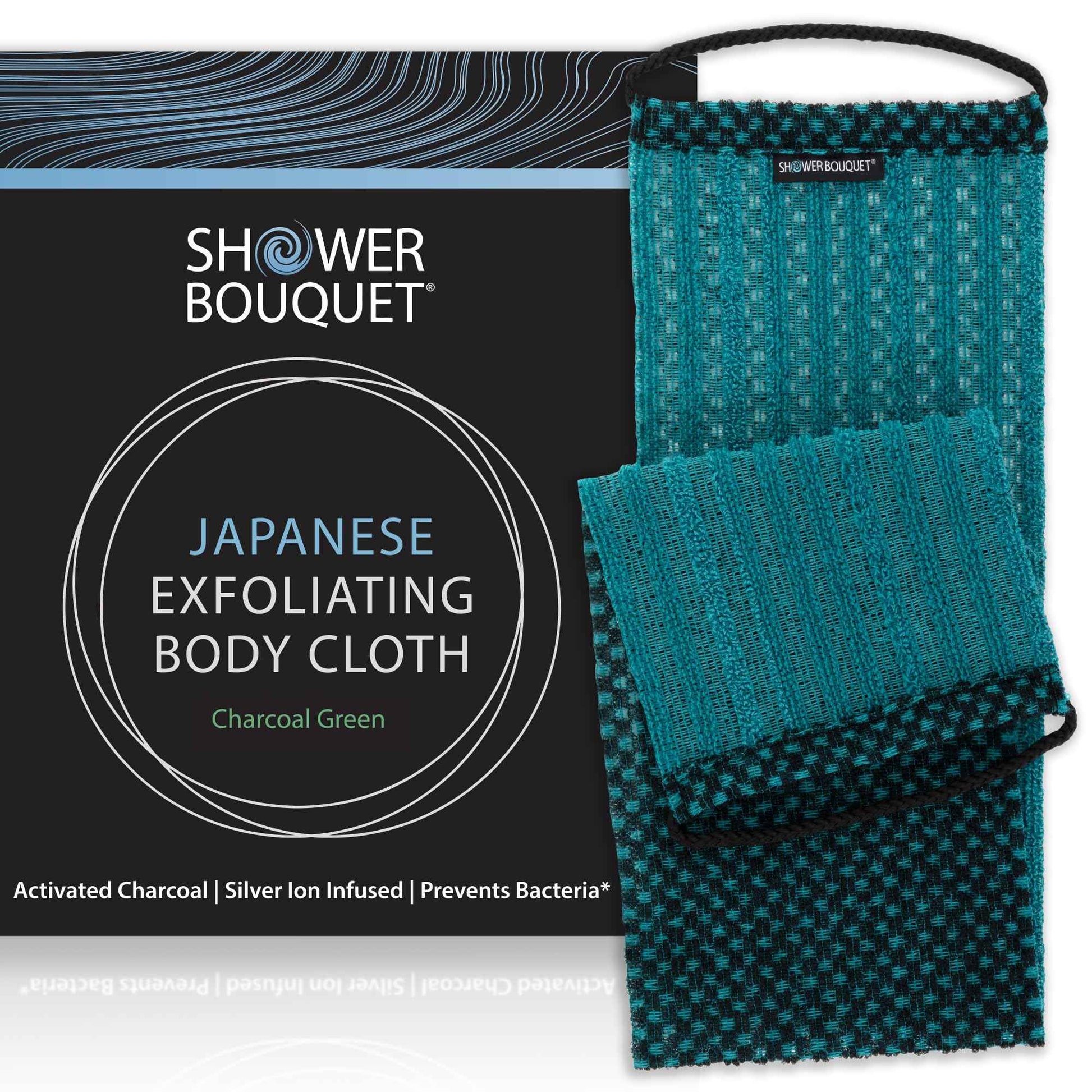 Japanese Exfoliating Washcloth for Back & Body - Charcoal & Silver Ion Exfoliating Towel with Handles - Two-Sided Gentle Exfoliation & Deep Cleansing Soft Body Wash Cloths for Shower - Green
