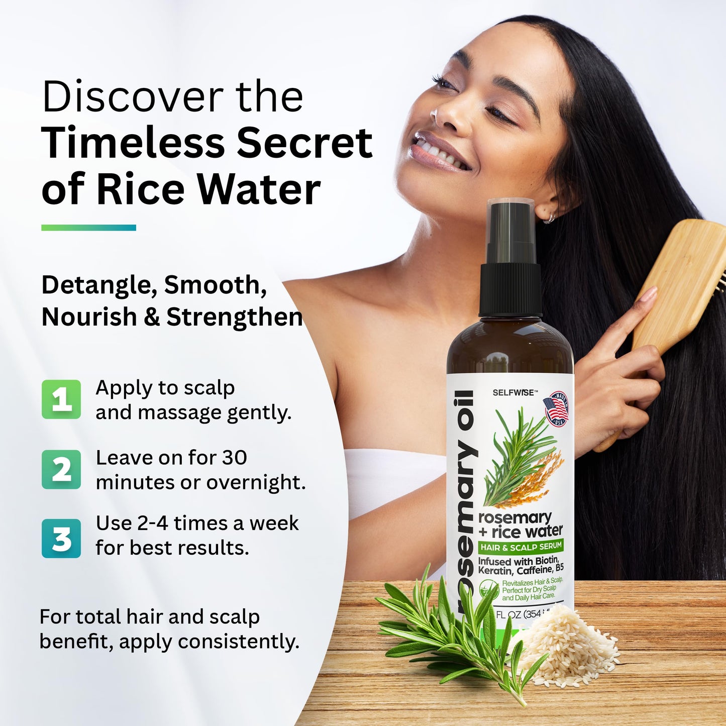 Rosemary Oil and Rice Water Hair Growth Spray - Serum with Biotin, Keratin, Caffeine, Vitamins C & B5 for Hair Mask, Hair Care, Scalp Treatment, Thickening Dry Damaged Hair for Women & Men 12oz