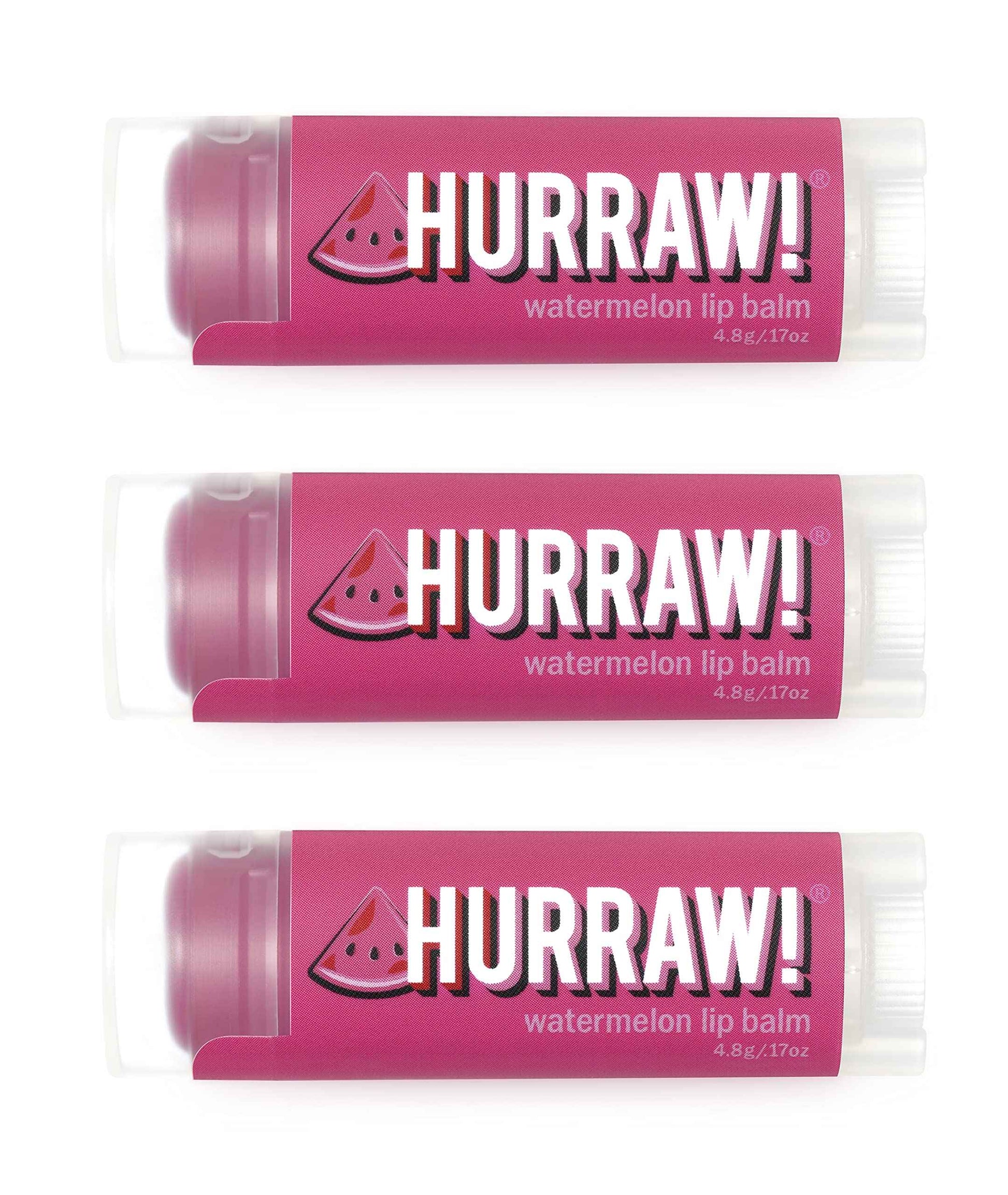 Hurraw! Watermelon Lip Balm, 3 Pack: Organic, Certified Vegan, Cruelty and Gluten Free. Non-GMO, 100% Natural Ingredients. Bee, Shea, Soy and Palm Free. Made in USA