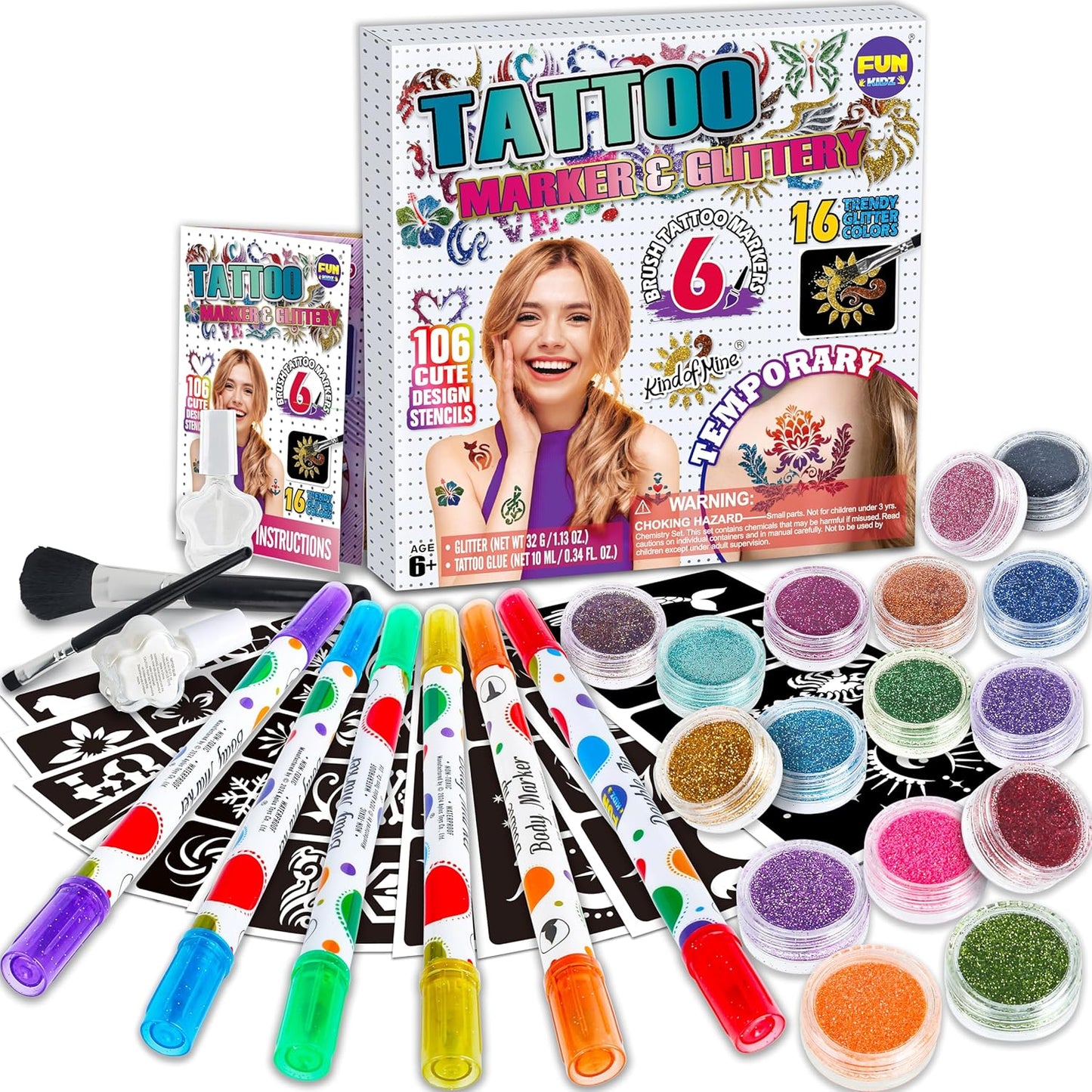 Tattoo Kit for Kids Ages 8-12 | FunKidz Sparkle Brush Body Art Markers & 106 Stencils