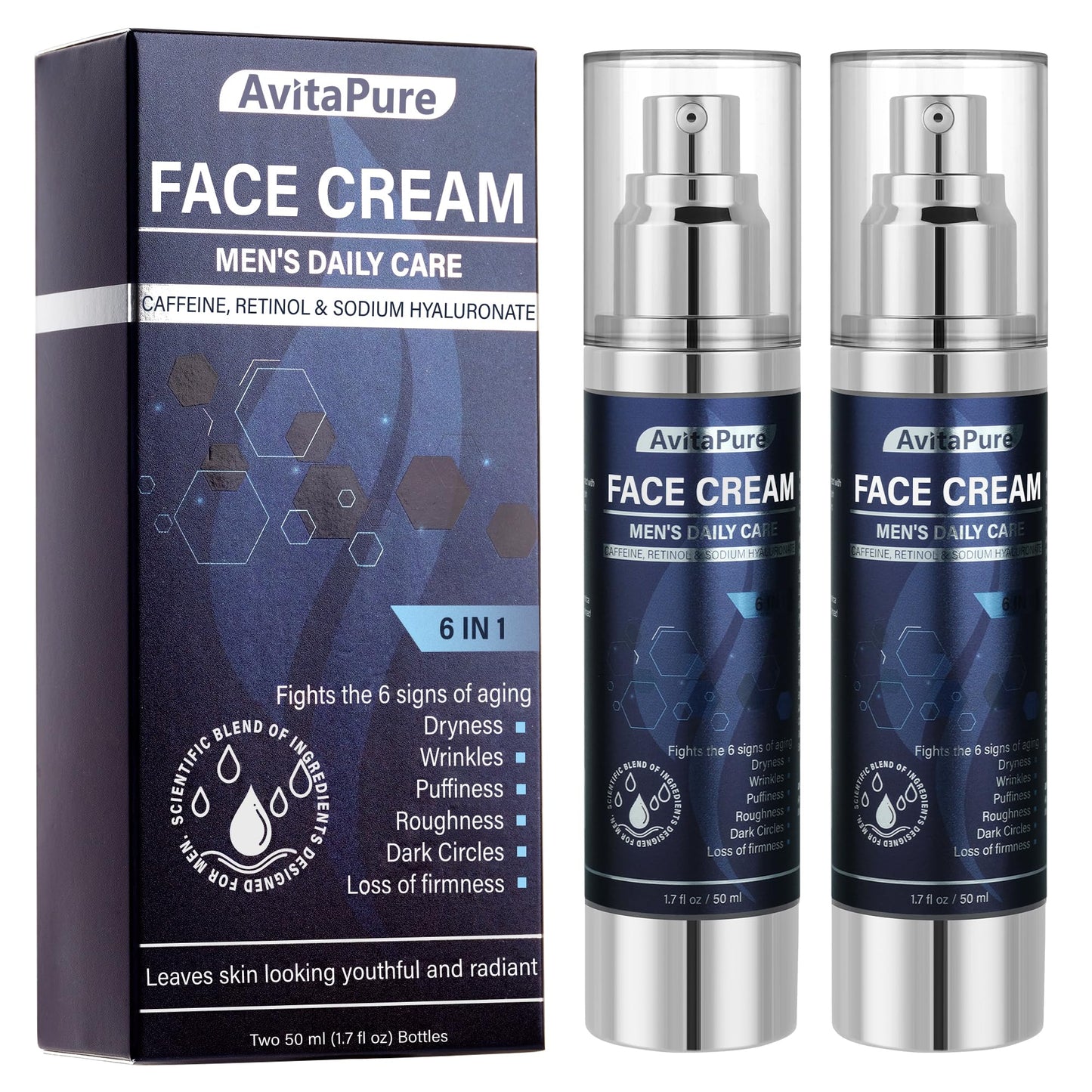 6-in-1 Face Cream for Men – Mens Anti Aging Face Cream w/Caffeine & Retinol to Firm, Hydrate & Refresh Skin, Quick-Absorbing Non-Greasy Formula (1.7 Fl Oz (Pack of 2))